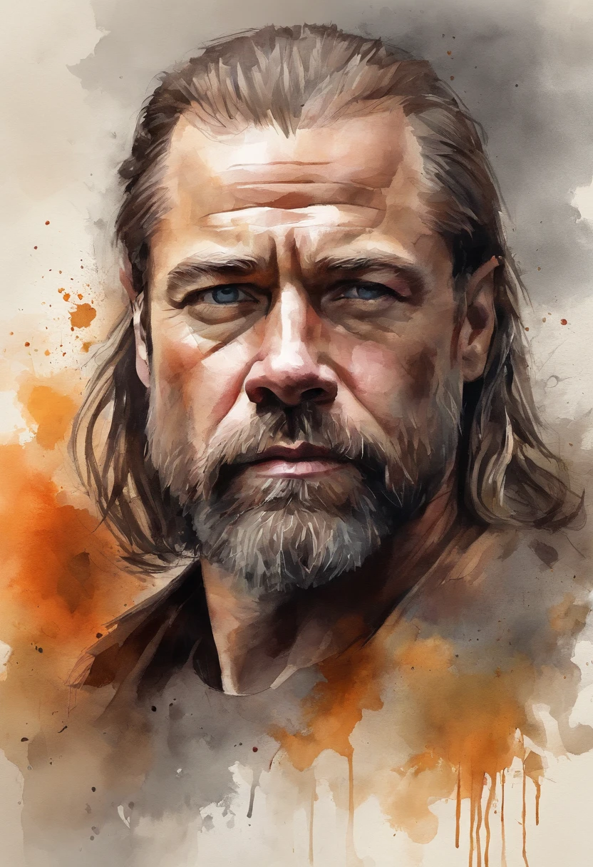 design de camisetas, 2d illustration, arte centrada, chamas rugindo ao fundo, rosto de Brad Pitt Sandor Clegane Cabelo loiro de Game of Thrones, Gothic colors, climate of tension and terror, Half of his face is burned like Harvey Dent, rosto coberto de cicatrizes, Adobe Illustration, trending on ArtStation, 8k, disco Rigido, master part, arte linda, detalhes intrincados , -