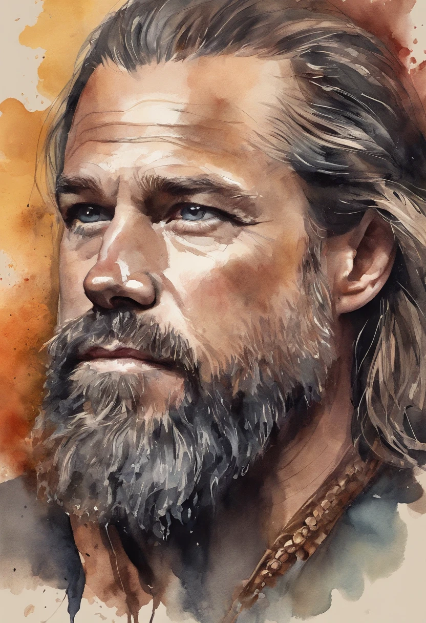 design de camisetas, 2d illustration, arte centrada, chamas rugindo ao fundo, rosto de Brad Pitt Sandor Clegane Cabelo loiro de Game of Thrones, Gothic colors, climate of tension and terror, Half of his face is burned like Harvey Dent, rosto coberto de cicatrizes, Adobe Illustration, trending on ArtStation, 8k, disco Rigido, master part, arte linda, detalhes intrincados , -