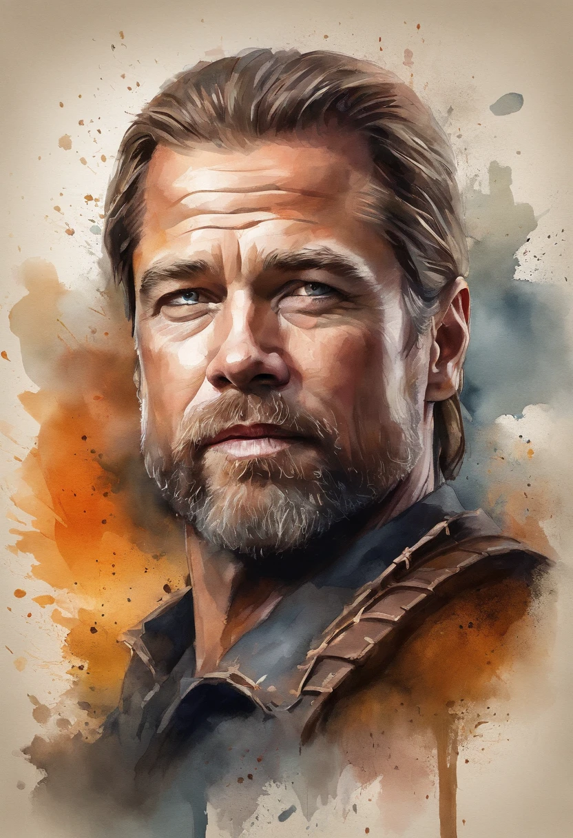 design de camisetas, 2d illustration, arte centrada, chamas rugindo ao fundo, rosto de Brad Pitt Sandor Clegane Cabelo loiro de Game of Thrones, Gothic colors, climate of tension and terror, Half of his face is burned like Harvey Dent, rosto coberto de cicatrizes, Adobe Illustration, trending on ArtStation, 8k, disco Rigido, master part, arte linda, detalhes intrincados , -