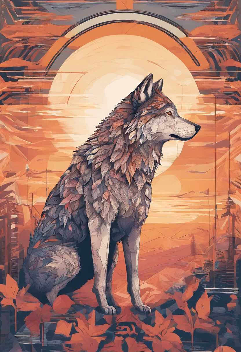A wolf in an anthro form stands majestically in front of a beautiful sunset. The warm light illuminates its intricate features, highlighting the delicate fur patterns and the mesmerizing eyes. The wolf's pose exudes confidence and grace, with its head held high and a gentle breeze ruffling its fur. The scene is rendered in a mesmerizing lightwave effect, creating a dreamy atmosphere. The overall image is highly detailed, showcasing the fine textures of the wolf's fur and the intricate play of shadows and light.