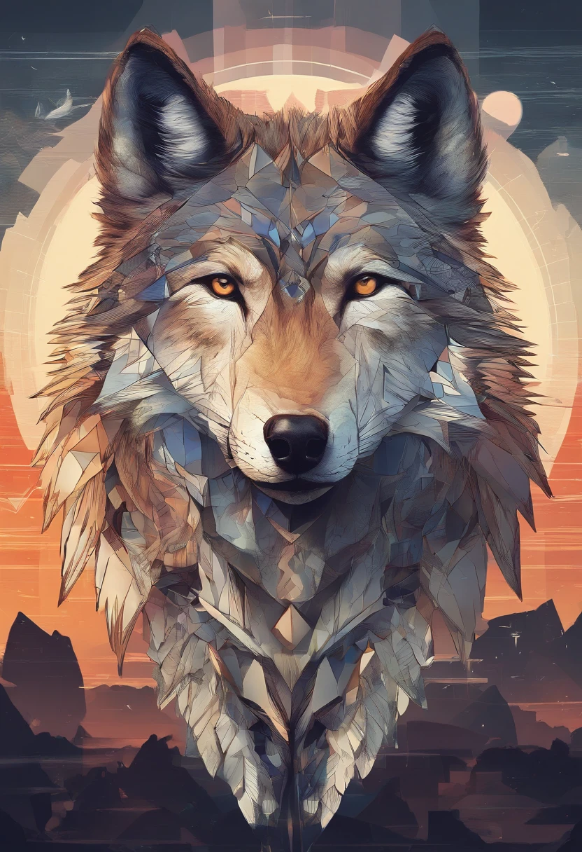 A wolf in an anthro form stands majestically in front of a beautiful sunset. The warm light illuminates its intricate features, highlighting the delicate fur patterns and the mesmerizing eyes. The wolf's pose exudes confidence and grace, with its head held high and a gentle breeze ruffling its fur. The scene is rendered in a mesmerizing lightwave effect, creating a dreamy atmosphere. The overall image is highly detailed, showcasing the fine textures of the wolf's fur and the intricate play of shadows and light.