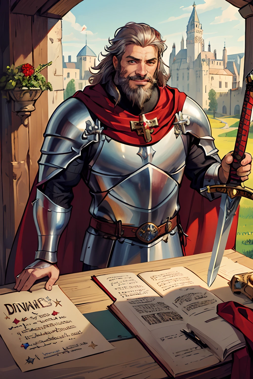 (masterpiece:1.1),(best quality:1.1),extremely detailed,(original design:1.1),(unique accessories:1.1),(medieval fantasy:1.1),professionally retouched,(close-up:1.1),portrait,midday,(male:1.1) knight,sword and shield,heavy armor,(holy:1.2),(divine:1.2),(old:1.3),smile,red cape,short grey hair,muscular,beard