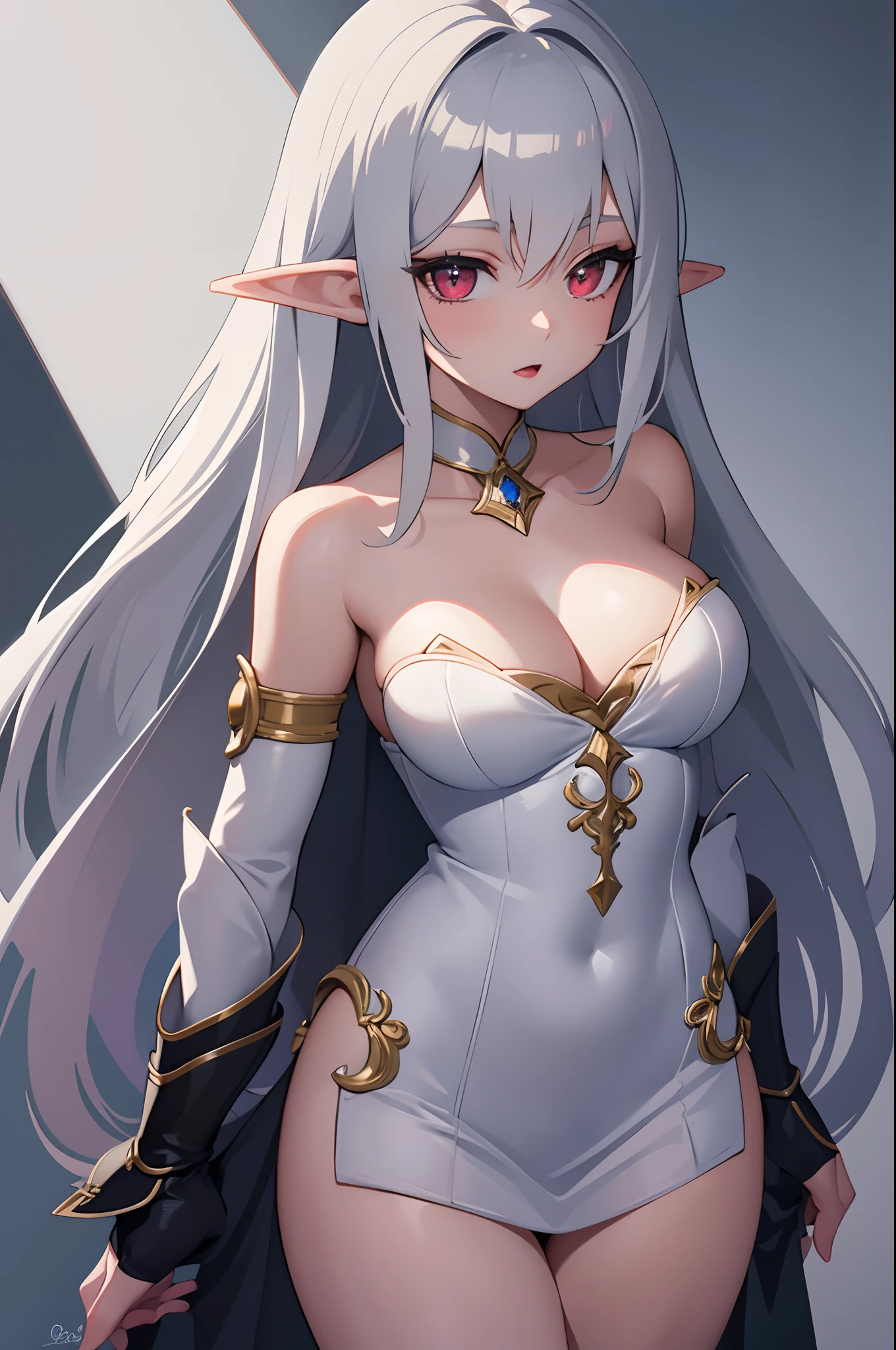 1girl, anime, cute girl, elf, blank background, white background, fantasy, detailed dark fantasy dress with highlights, beautiful face, beautiful eyes, dark colors, medium breasts, slight cleavage, beautiful skin, cute, silver hair, red eyes, breast curtains, extremely delicate and beautiful, (beautiful detailed face:1.0), (detailed deep eyes), symmetrical breasts, deep eyes, shiny skin, portrait, slender waist, hips wider than shoulders, thighs, young girl