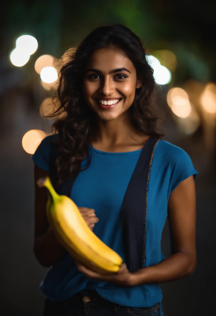 smiling woman in blue tank top holding a banana and looking at camera, a picture by Max Dauthendey, instagram, happening, candid!! dark background, at night time, she is smiling and excited, she has a cute face, with glowing lights at night, low quality video, attractive girl, indian girl with brown skin, with accurate face, candid picture