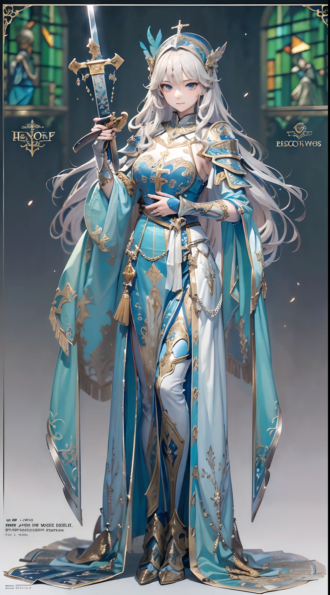 (Official art、Best Quality、Unity 8k Wallpapers、32K、masterpiece、ultra-detailliert、超A high resolution、realisitic、Photorealsitic、Very ridiculous:1.2)、(Cinematic lighting:1.2)、Fireglow effect、film grains、Best Shadows、Rim lighting、side lights、(Ultra-detailed and complex 3D rendering)、Detailed beautiful face and eyes、Sharp pupils、Realistic pupils、A slender、1Man Woman、Medium bust、(Full body:1.2)、 beauitful face、16-year-old beautiful girl、(super detailed skin、detailed skin textures:1.3)、(silver blond、Blue-silver hair:1.3)、Paladin、Longhaire、Blunt bangs、Green eyes、3 braids in 1 bunch、(Blue Armor、Blue Boots、Blue helmet、Jeweled、Gold embroidery)、A slender、Maxi skirt、(thighs thighs thighs thighs:0.8)、(chies、in a house、Artistic stained glass、Large pipe organ、crosses、Hello Point、Mystical、a lot of feathers float、angelicales、Particles of light、solemnity、Sunlight is、colourfull、Fantastical:1.2)、(Fantastical:1.3)、(Holding the Holy Sword:1.4)、(Looking away、looking distantly:1.3)、Fantastical、Gentle smile