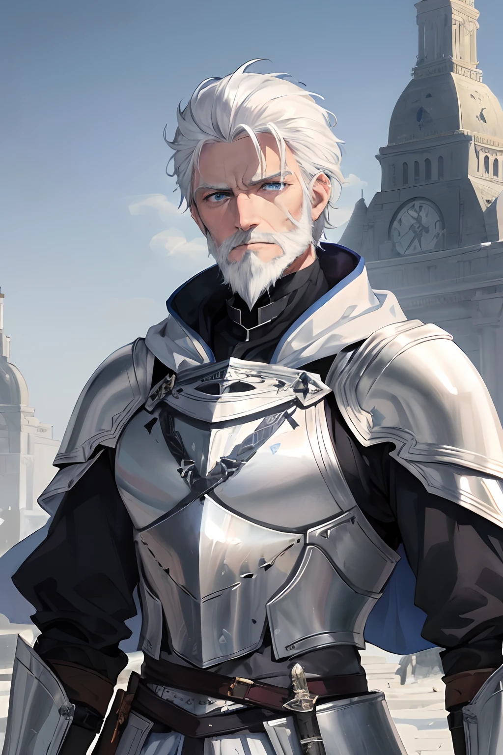 Masterpiece, best quality, 1 man, elderly man, knight armor, white hair, gray blue eyes, forked hair, short hair, lustrous beard, handsome, masculine, serious, gentle, cold, tall, quiet, dark clothes, gleaming armor, mysterious, day, sun, heroic ,outdoor, cloak, holding sword, sword