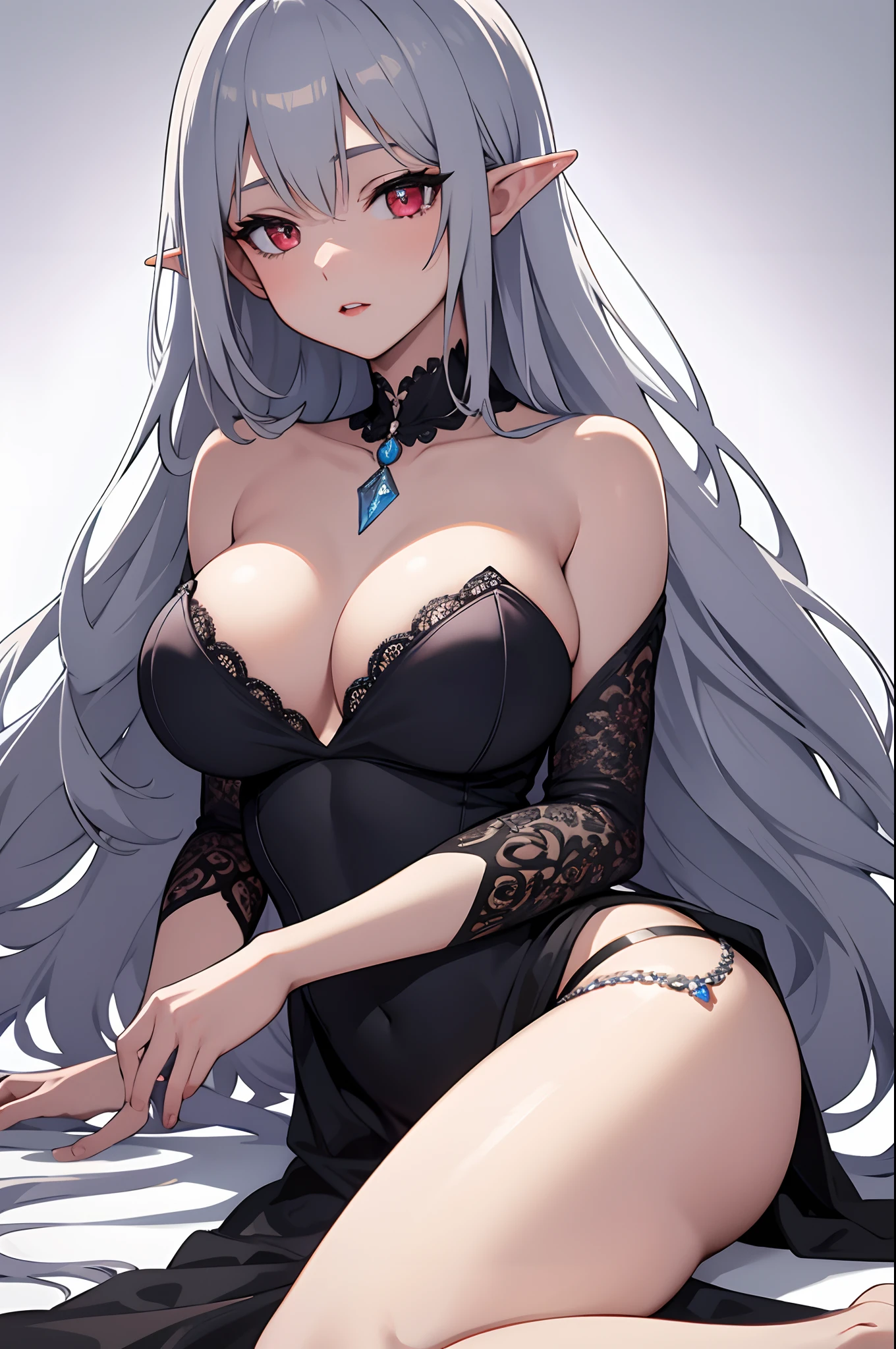 1girl, anime, cute girl, elf, blank background, white background, fantasy, detailed dark fantasy dress with highlights, beautiful face, beautiful eyes, dark colors, medium breasts, slight cleavage, beautiful skin, cute, silver hair, red eyes, breast curtains, extremely delicate and beautiful, (beautiful detailed face:1.0), (detailed deep eyes), symmetrical breasts, deep eyes, shiny skin, portrait, slender waist, hips wider than shoulders, thighs, young girl