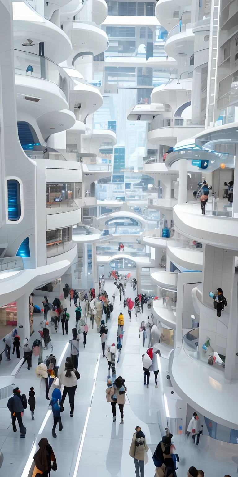 Alavid view of a white building,There are a lot of people inside, human futuristic city, in a future city, on a futuristic shopping mall, futuristic cloning facility, russian city of the future, ice city in 2 0 8 0, The future city, otherwordly futuristic city, futuristic chemistry lab, in a futuristic city, stood inside a futuristic lab