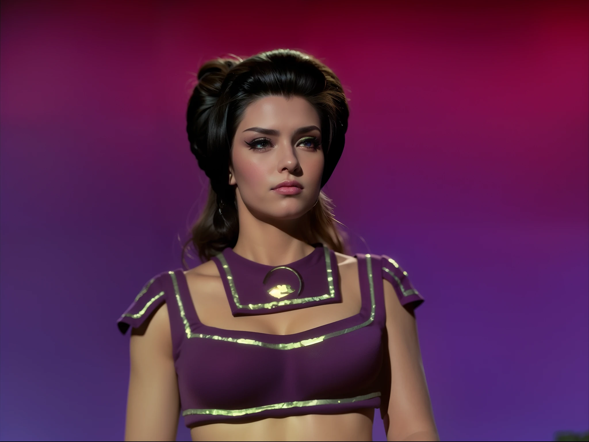 Bodacious seductive girl, wearing bright purple neon green eyeshadow, elaborately coiffed black hair with large side rolls, wearing genie bikini harem outfit, 4K, cinematic, hyper-sharp, hyper-realistic, hyper-detailed, symmetrical, "100% anatomically correct", octane render