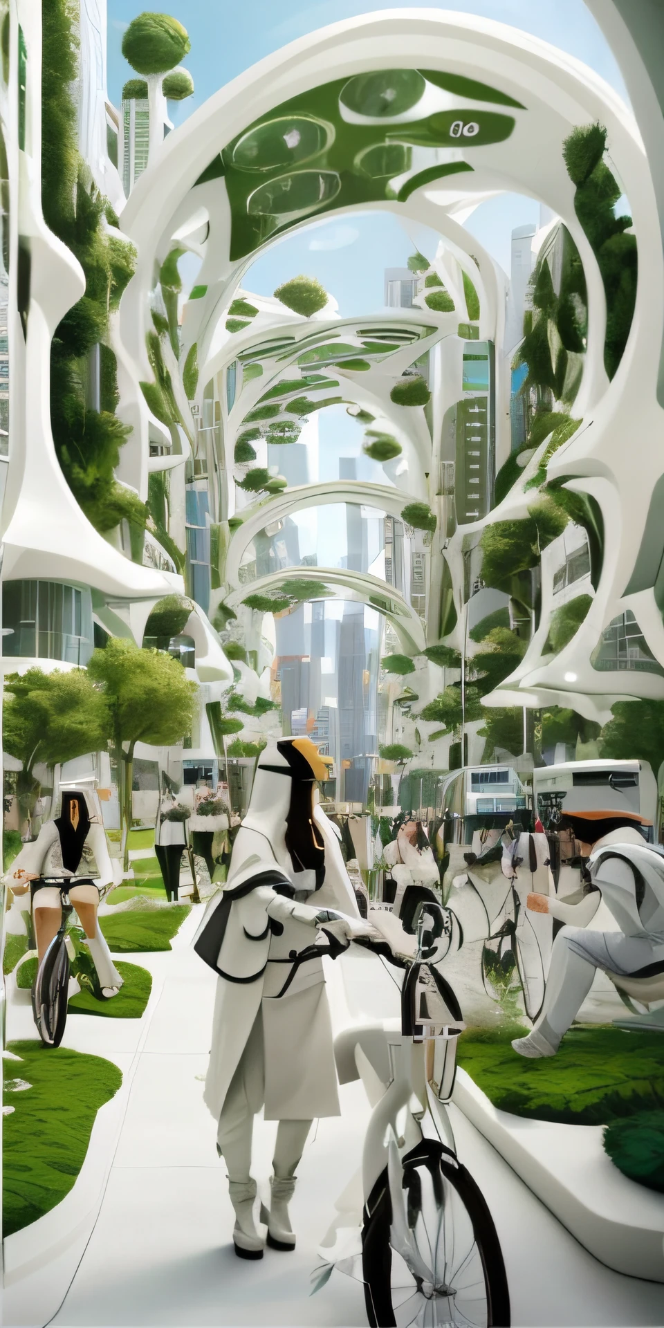 Image of Alphad riding a bicycle on a sidewalk, human futuristic city, in a future city, Beautiful city of the future, futuristic street, The future city, landscape of a future city, city of the future in russia, futuristic city street, otherwordly futuristic city, hyper-futuristic city, russian city of the future, Future City
