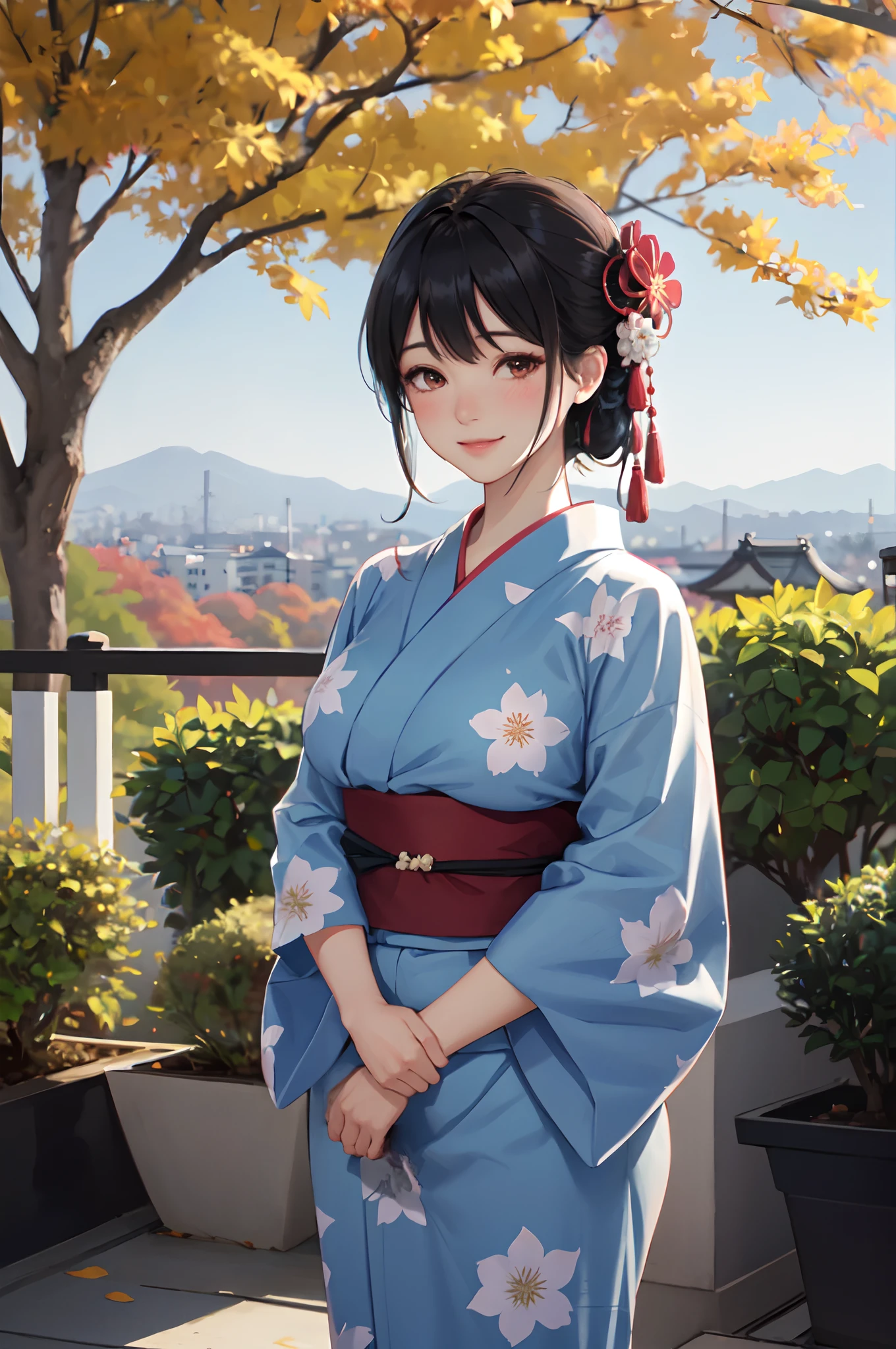 Anime girl in blue kimono standing in front of a tree - SeaArt AI