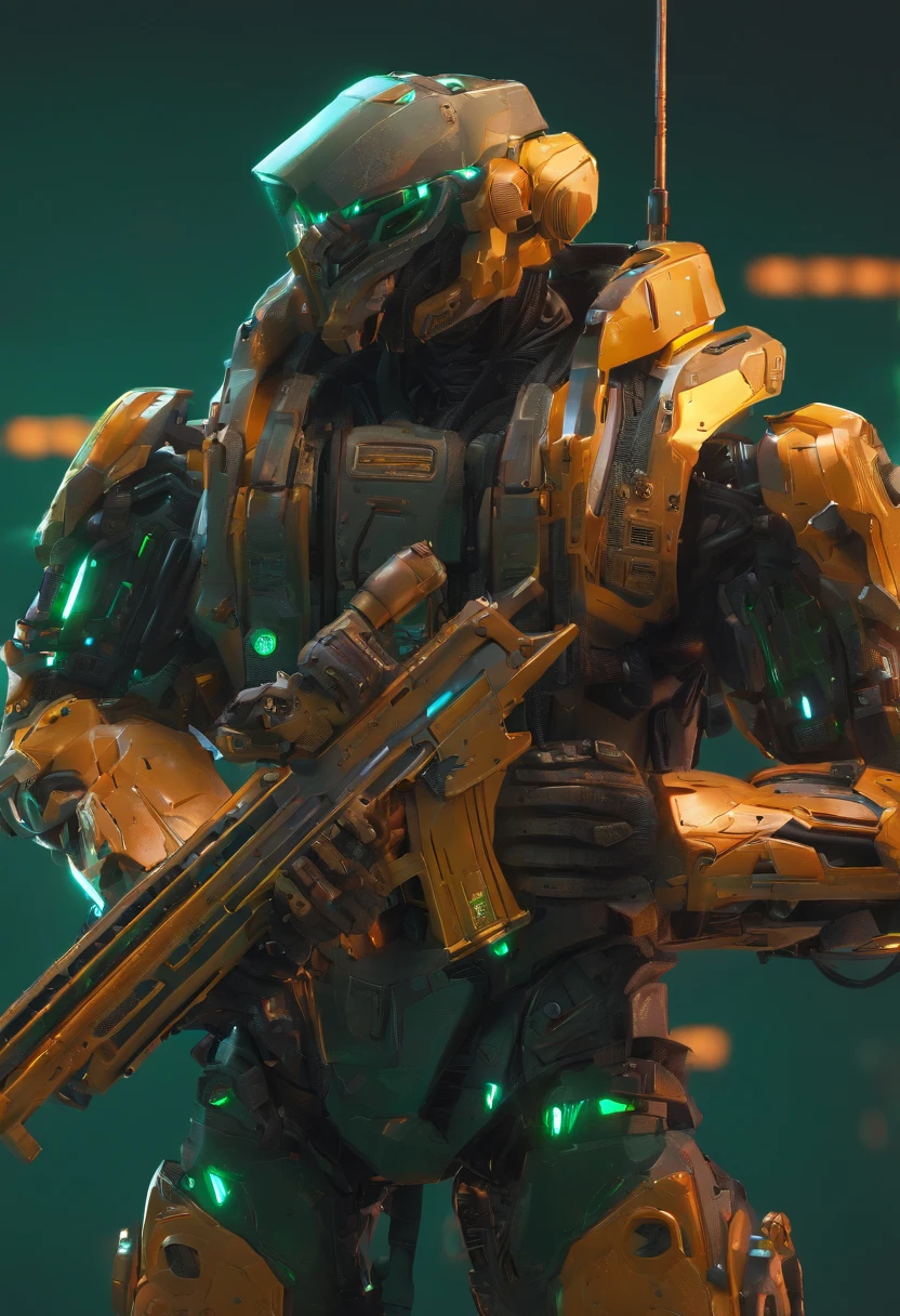 Dark_Fantasy, Cyberpunk, (Gun, 1.1), 1 Man, Mechanical Marvel, Robot Presence, Cybernetics Guardian, Green, 8K, Simple Background
