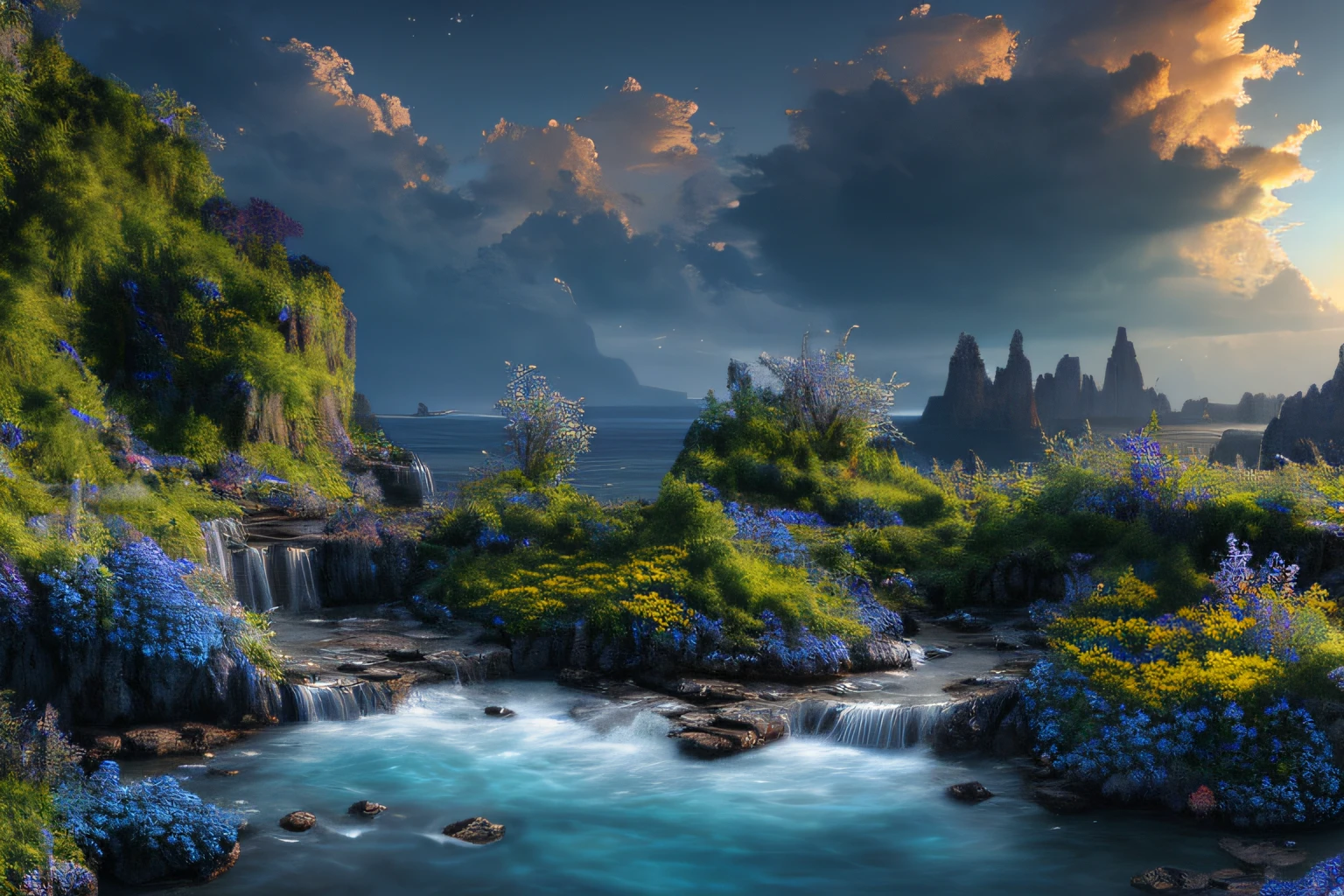Landscape inside the earth, mer cristalline bleu cobalt,fleurs, Eau cristalline, coucher du soleil, ,(Highly detailed CG Unit 8k wallpaper), The most beautiful work of art in the world, Professional majestic oil painting, complexe, High detail, mise au point nette, dramatique, Art of photorealist painting,