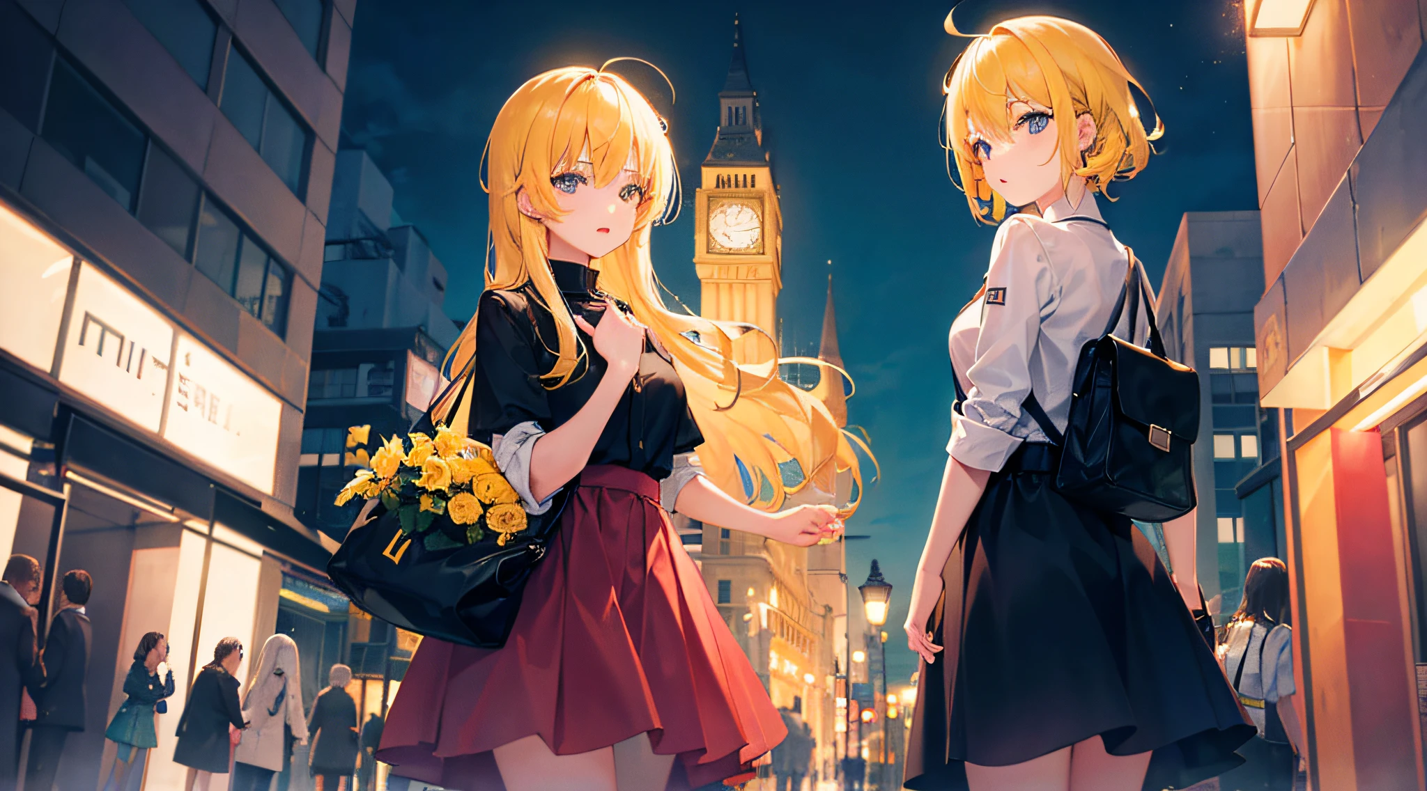 2 girls, yellow hair, night city, street, tower
