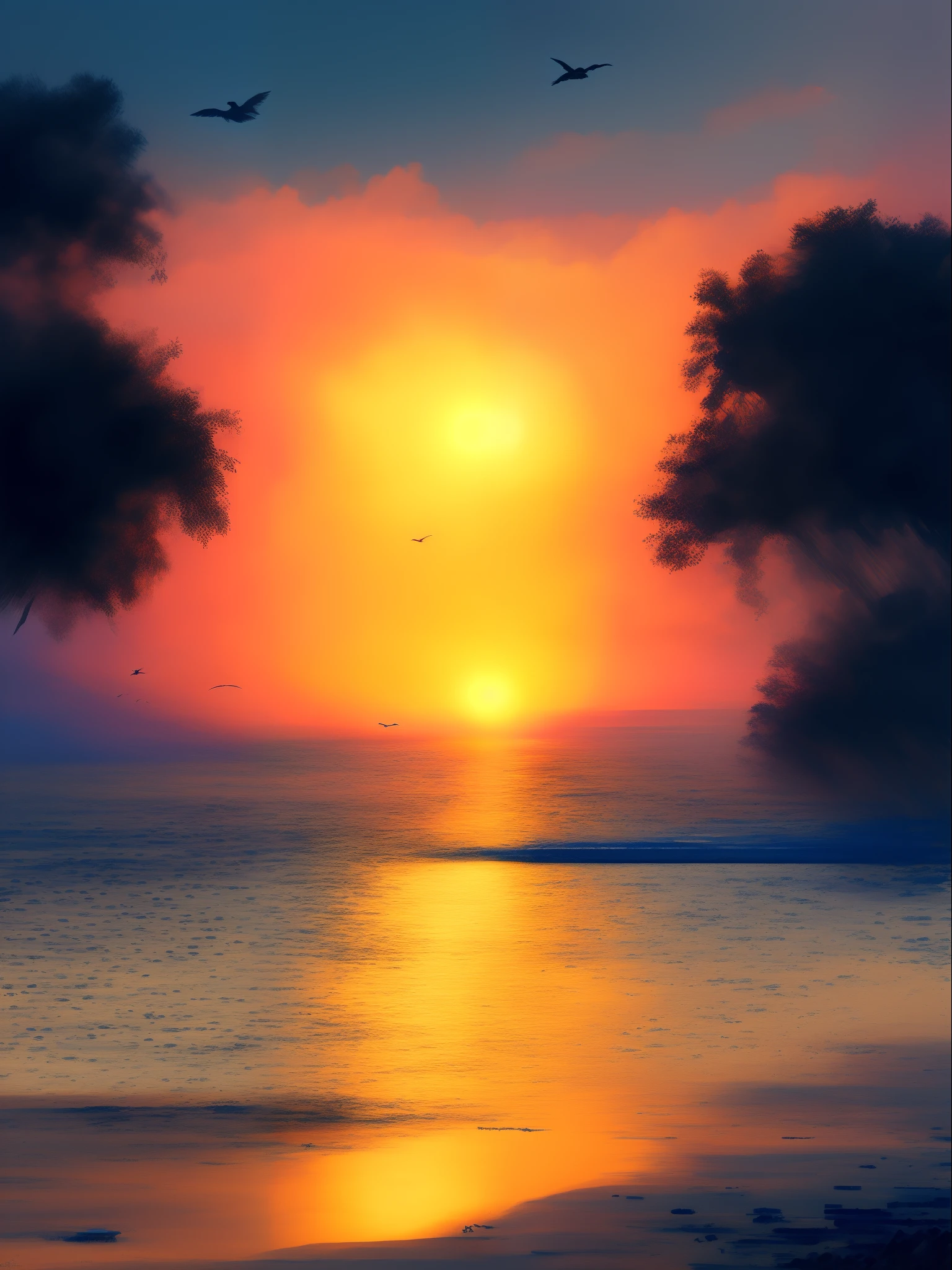 Dream Art, a beautiful painting of a paradise sunset beach. The sun is in the center, and in the distance there is a flying bird flying over the horizon. The style is Greg Rutkowski, which is popular on ArtStation.