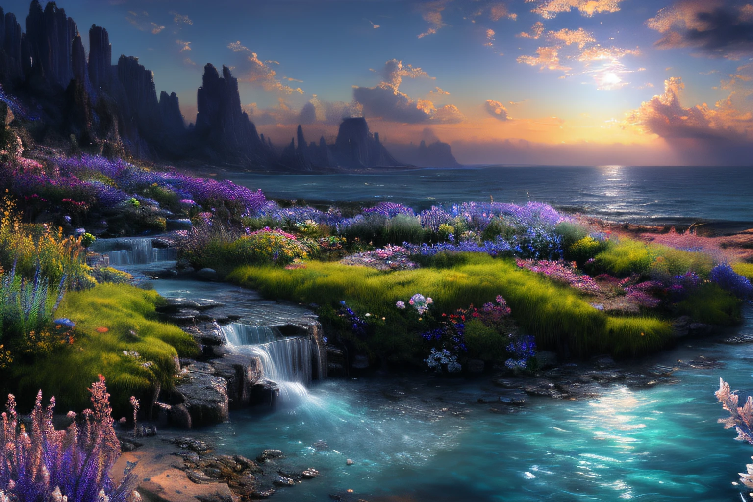 Landscape inside the earth, mer cristalline bleu cobalt,fleurs, Eau cristalline, coucher du soleil, ,(Highly detailed CG Unit 8k wallpaper), The most beautiful work of art in the world, Professional majestic oil painting, complexe, High detail, mise au point nette, dramatique, Art of photorealist painting,