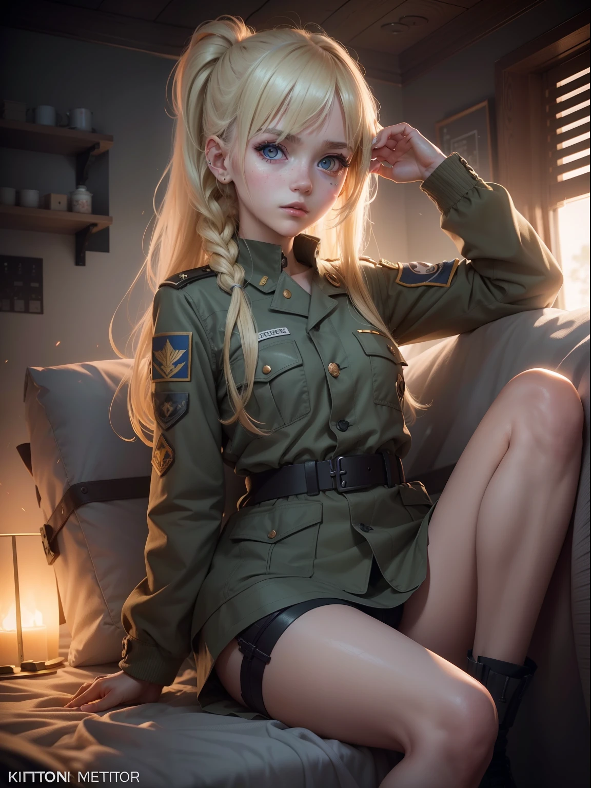 Destroyed bases,ukrainian girl , Ukrainian anime girls , , Ukraine , Full body composition of young girl with messy bright blonde hair, eye make up, , Soft lighting, Solo,, badges, Pose, Blotch color, Octane Render, Hyperrealistic intricate detail, Cinematic, 8K resolution, 70mm, Accent Lighting, Global Illumination, Full body portrait, clean detailed faces, poneyTail,Cute face,, Slim legs,In a military bed,