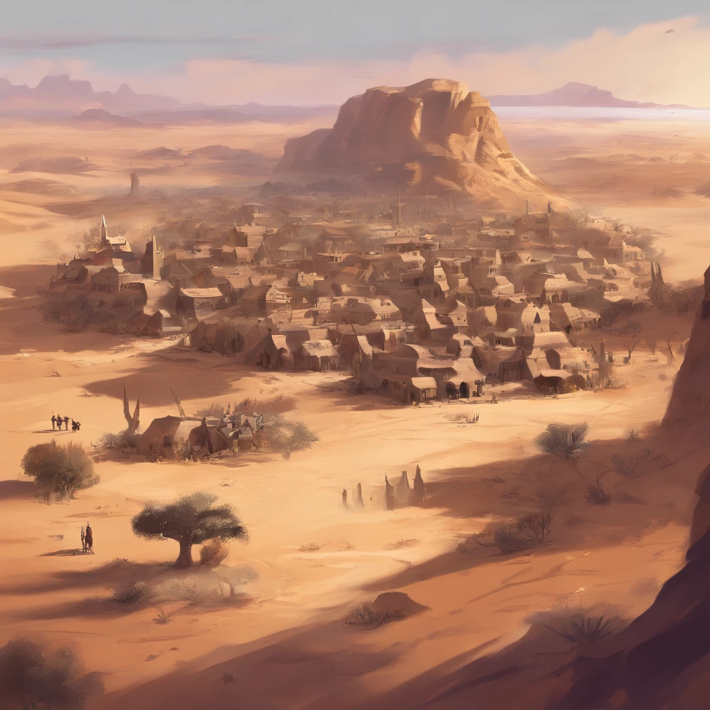 A small village in the desert, (beste-Qualit, tmasterpiece:1.3), Very detailed fantasy illustration,