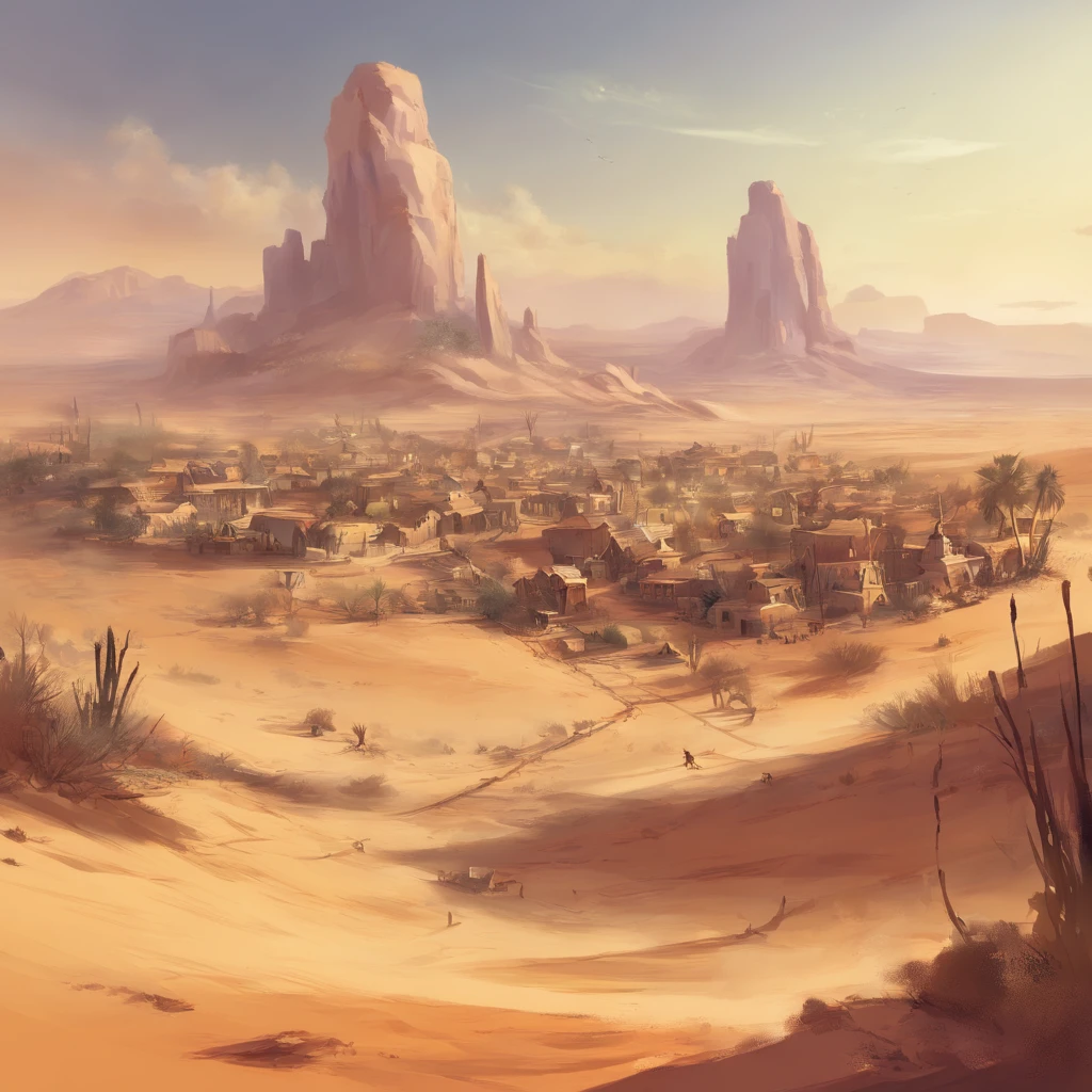 A small village in the desert, (beste-Qualit, tmasterpiece:1.3), Very detailed fantasy illustration,