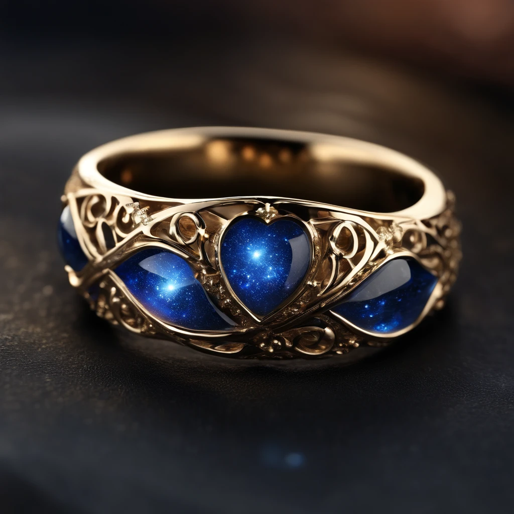 A metal ring, forged from the heart of a dying star, glows with an ethereal, otherworldly radiance. Its surface shimmers with a deep, cosmic blue, as if holding the secrets of the universe within. Swirling patterns of stardust dance across its smooth, polished surface, creating a mesmerizing spectacle. Held in one's hand, it seems to hum with the echoes of celestial fires and the ancient wisdom of the cosmos. This ring is not just an ornament; it's a relic of cosmic creation, a tangible connection to the birth and death of stars. Best quality, intricate details, clean lines, captivating composition, cosmic tones, anime realism, capturing the essence of celestial wonder and cosmic mysteries, a truly unique and entrancing illustration