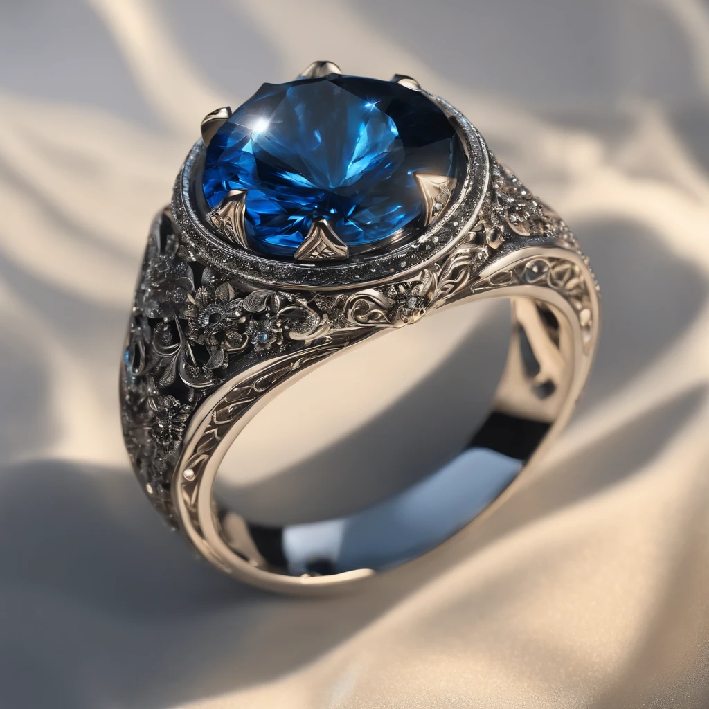 A metal ring, forged from the heart of a dying star, glows with an ethereal, otherworldly radiance. Its surface shimmers with a deep, cosmic blue, as if holding the secrets of the universe within. Swirling patterns of stardust dance across its smooth, polished surface, creating a mesmerizing spectacle. Held in one's hand, it seems to hum with the echoes of celestial fires and the ancient wisdom of the cosmos. This ring is not just an ornament; it's a relic of cosmic creation, a tangible connection to the birth and death of stars. Best quality, intricate details, clean lines, captivating composition, cosmic tones, anime realism, capturing the essence of celestial wonder and cosmic mysteries, a truly unique and entrancing illustration