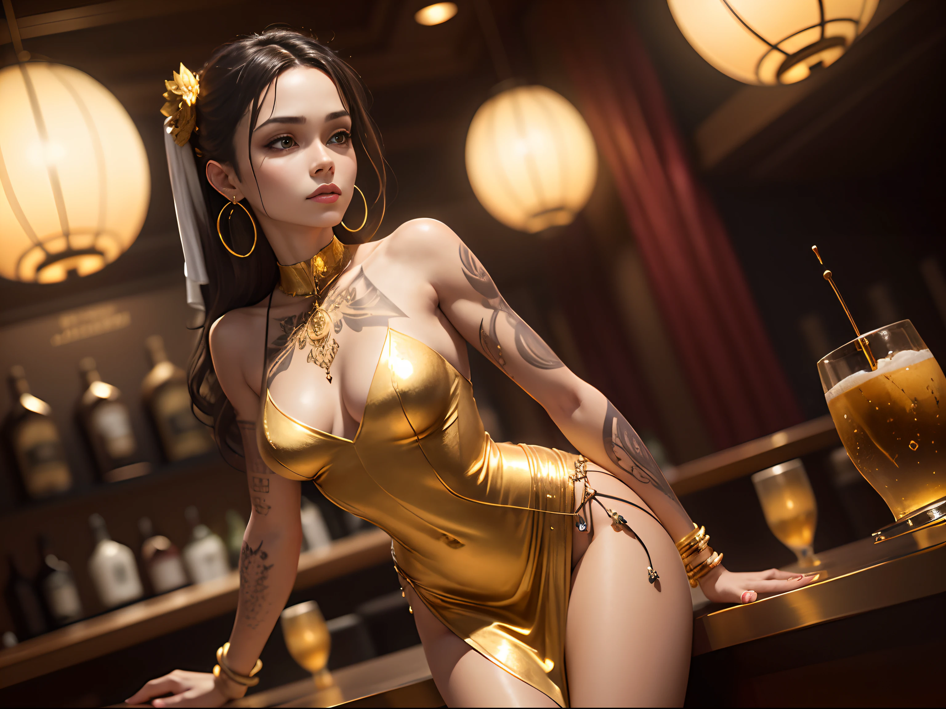 Gold tattoo with girl with golden earrings, In the style of vray tracing, Martin Ansin, yuumei, Poured, close up, Dark white and gold, speedpainting, masutepiece, Best Quality,Skinny Legs,Gold Dress,At the hotel bar counter,