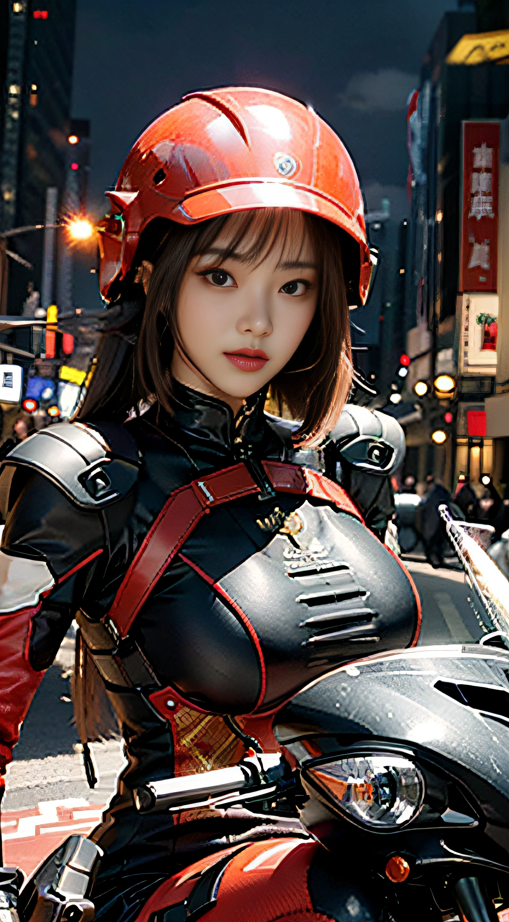 The highest image quality，Excellent detail，超高分辨率，（真实感：1.4），The best illustrations，Favor detail，Highly concentrated 1girl，exquisite and beautiful face，huge boob，The upper body is dressed in black and red tights，There is no opening in the chest，wearing a mech helmet，Hold the direction controller，riding a motorcycle，the background is a high-tech lighting scene of the city of the future。