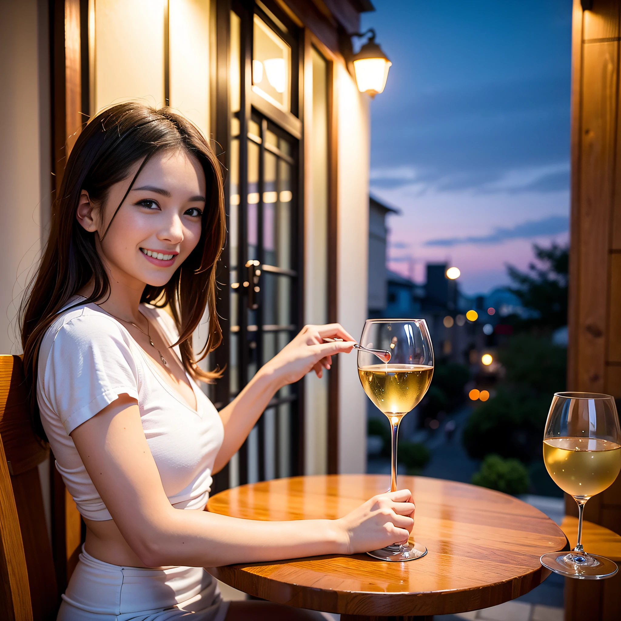 (64K, UHD, top quality, masterpiece: 1.2), (realistic, photorealistic: 1.37), super detailed, pretty woman 1 person, (slim face), (slim body), (brown hair), (short cut), cheeks slightly blushing, (39 years old), 38 years old, solo, beautiful detailed urban night view outside the window, restaurant, wine glass sitting, night, in a prominent place (from the waist up) NovaFrogStyle, Actress, Model, Waist Up, White Wine, Slim, Wine Glass, Super Clean Night View, Wine Glass Put in the Middle, Happy Smile, (Smile: 1.15), Beautiful Fine Eyes, Upper Body, Bust Japan Up, Night, Short, Short, Actress, Model, Waist Up, White Wine, Slim, Wine Glass, Super Clean Night View, Wine Glass Put in the Middle, Happy Smile,