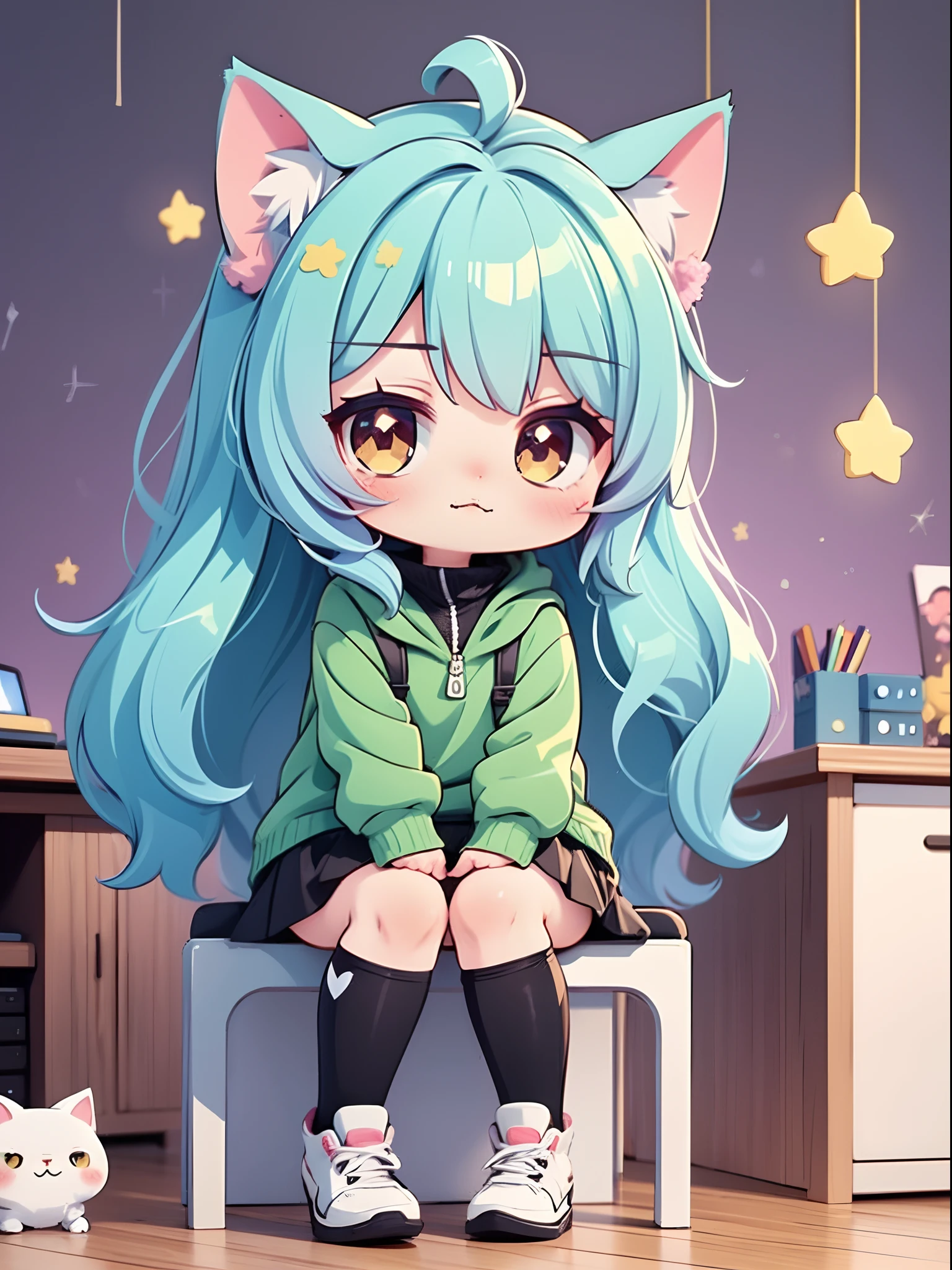 Cat-eared anime girl sitting at computer desk，There is a cat on his head, cute anime catgirl, anime girl with cat ears, beautiful anime catgirl, anime catgirl, Cute anime girl, Very beautiful anime cat girl, very beautiful cute catgirl, Cute anime style, style of anime4 K, lovely art style, Cute anime, Splash art anime Loli