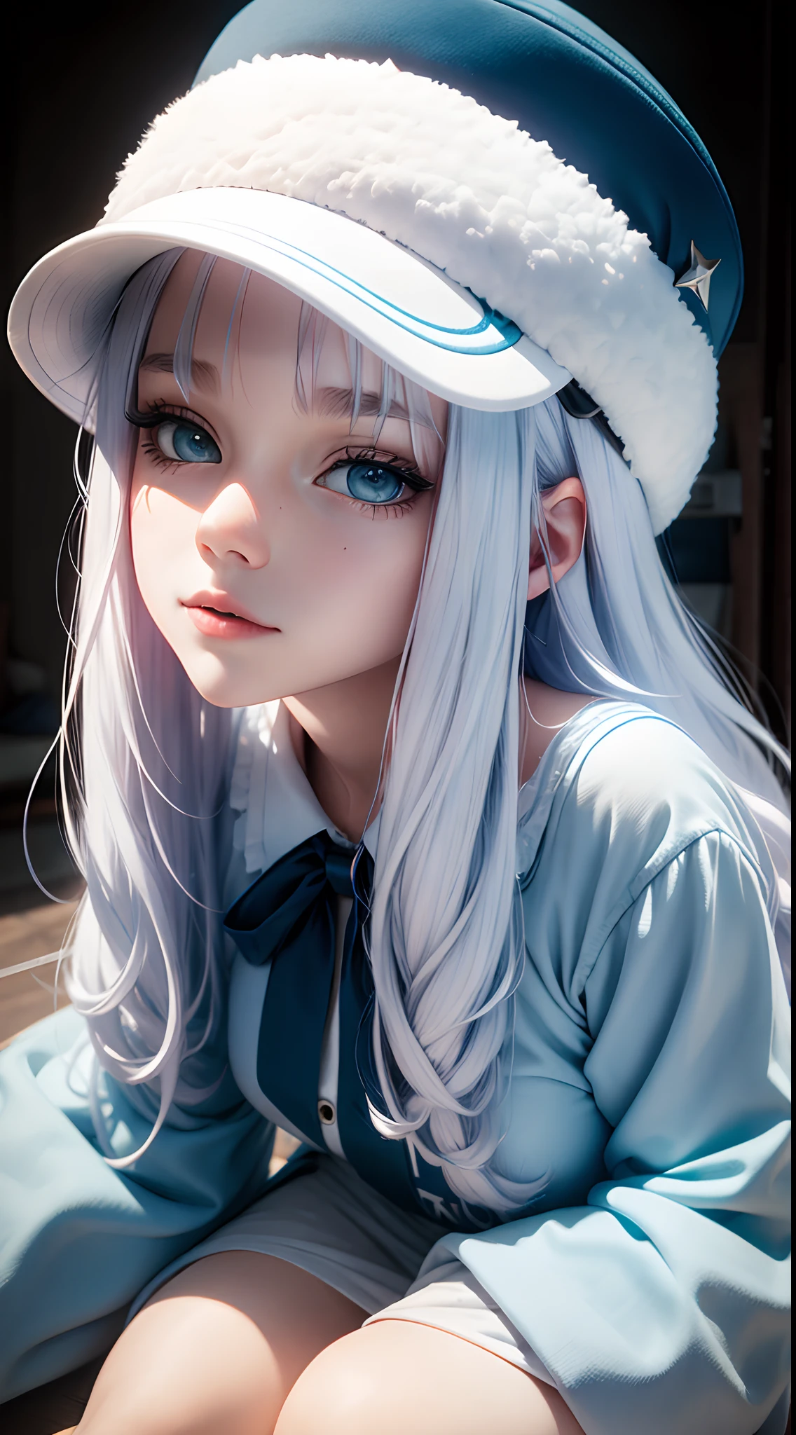 cute girl portrait, fluffy, long hair , hair coloured white and blue, cap hat,