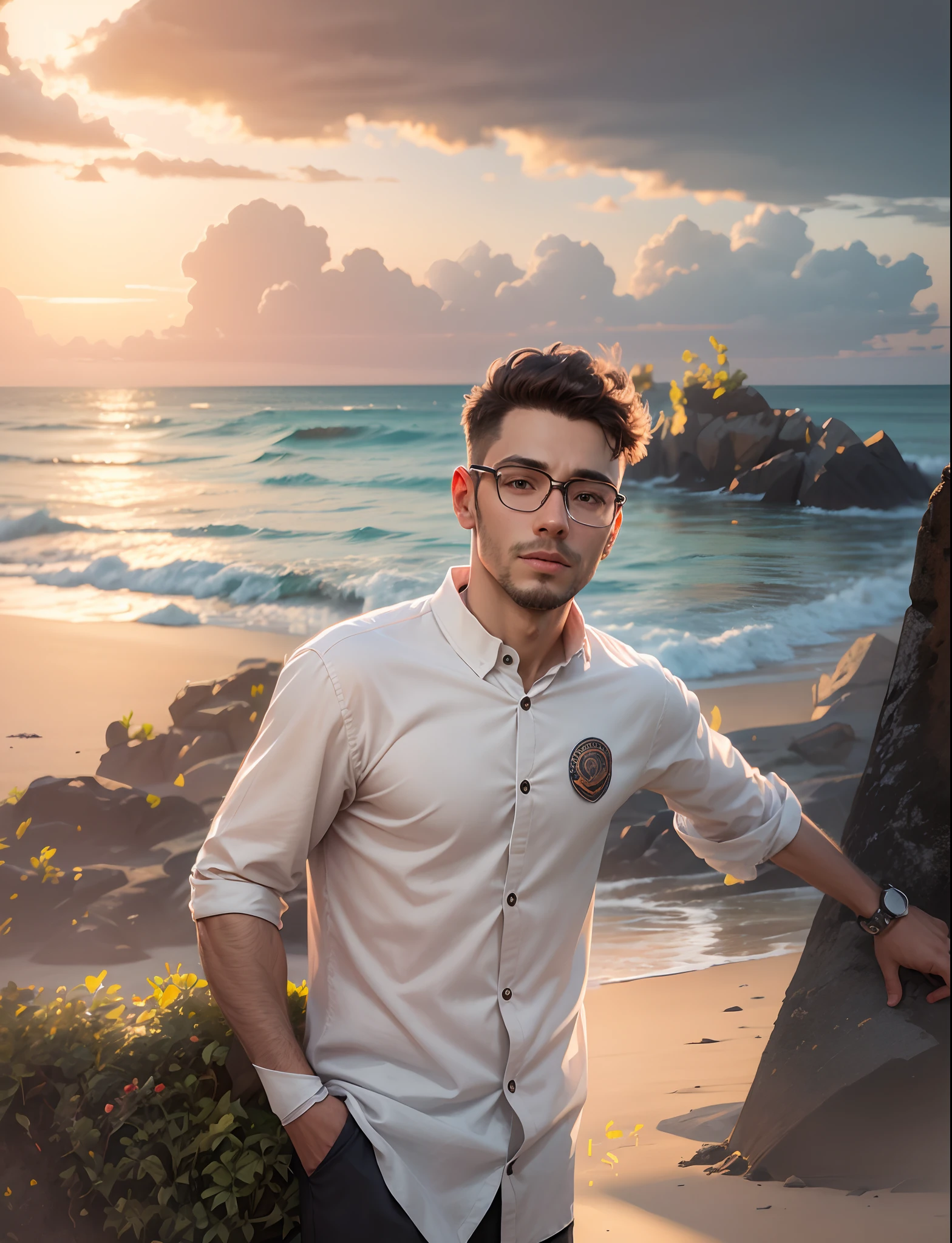 Sea beach background, smart boy 8k realistic face