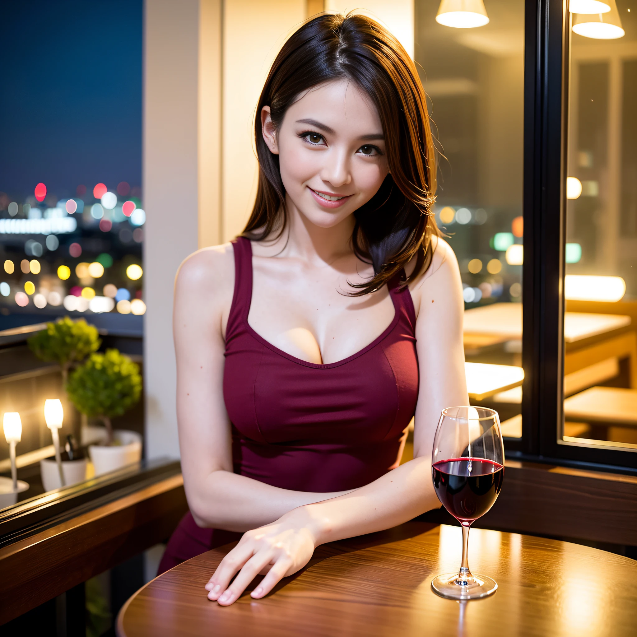 (64K, UHD, top quality, masterpiece: 1.2), (realistic, photorealistic: 1.37), super detailed, pretty woman 1 person, (slim face), (slim body), (brown hair), (short cut), cheeks slightly blushing, (44 years old), 38 years old, solo, beautiful detailed urban night view outside the window, restaurant, wine glasses sit, at night, in a prominent placeNovaFrogStyle, Actress, Model, Waist Up, White Wine, Slim, Wine Glass, Super Clean Night View, Wine Glass Put in the Middle, Happy Smile, (Smile: 1.15), Beautiful Fine Eyes, Upper Body, Bust Japan Up, Night, Short, Short, Actress, Model, Waist Up, White Wine, Slim, Wine Glass, Super Clean Night View, Wine Glass Put in the Middle, Happy Smile,