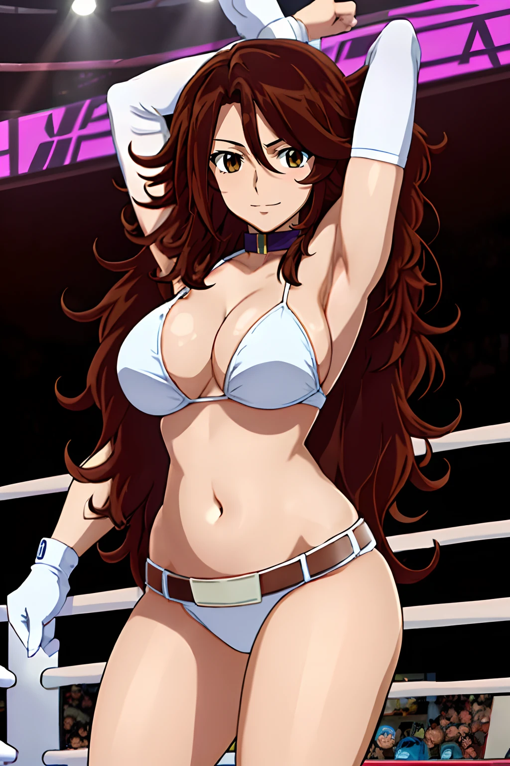 curvy belly, titration screen,, Elegant lady, (upper body only), anime style: 1.8, anime drawing, ultra detailed face, ultra detailed body, 4k, Sumergai Lee Noriega, (standing), best quality, anime style, hires, highest definition, digital blending, bold drawing lines, ((wwe diva), (location: wrestling arena, crowds watching), ( big shoulders, slim body, (wrestler body, thick arms, detailed biceps), , broad shoulders, closed fists, (very curvy: 2.8)), ((white bikini, only, white gloves, collar, hand protector, (champion belt on bare belly))), loser, defeated, sad, (pale skin, big breasts, smile), (big eyes, brown eyes), (clapping), ( brown hair, loose hair, curly hair, wavy hair, long hair, missy hair), 27 years old,