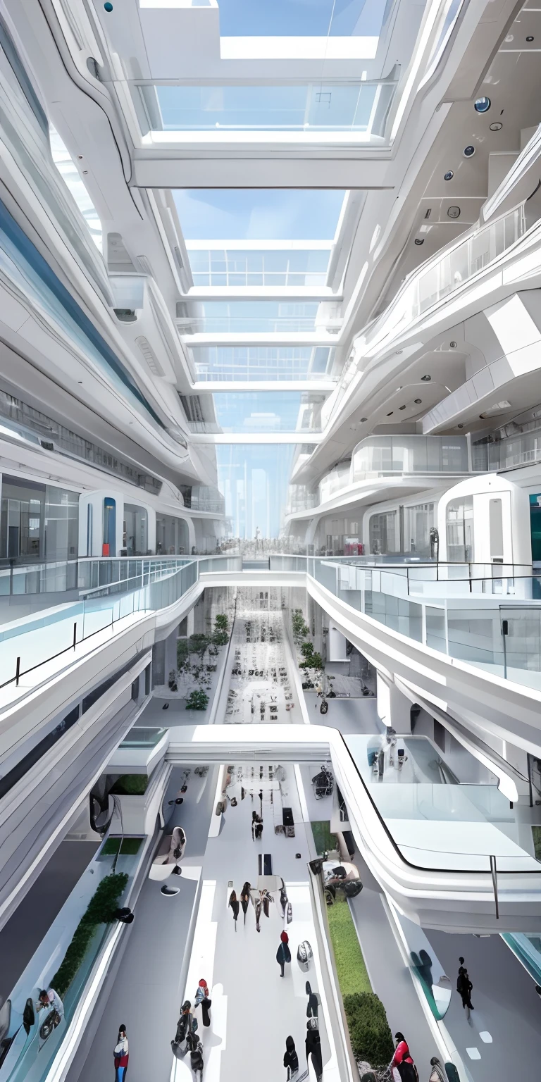 Alavid view of white buildings,There are a lot of people inside, human futuristic city, in a future city, on a futuristic shopping mall, futuristic cloning facility, russian city of the future, ice city in 2 0 8 0, The future city, otherwordly futuristic city, futuristic chemistry lab, in a futuristic city, stood inside a futuristic lab
