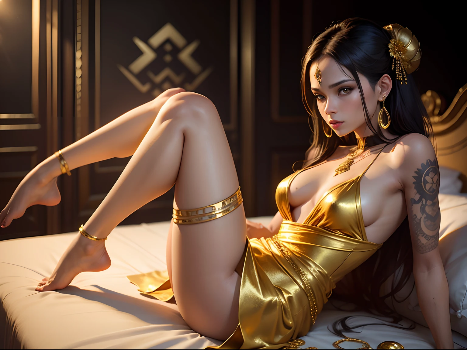 Gold tattoo with girl with golden earrings, In the style of vray tracing, Martin Ansin, yuumei, Poured, close up, Dark white and gold, speedpainting, masutepiece, Best Quality,Skinny Legs,Gold Dress,In the hotel bedroom,