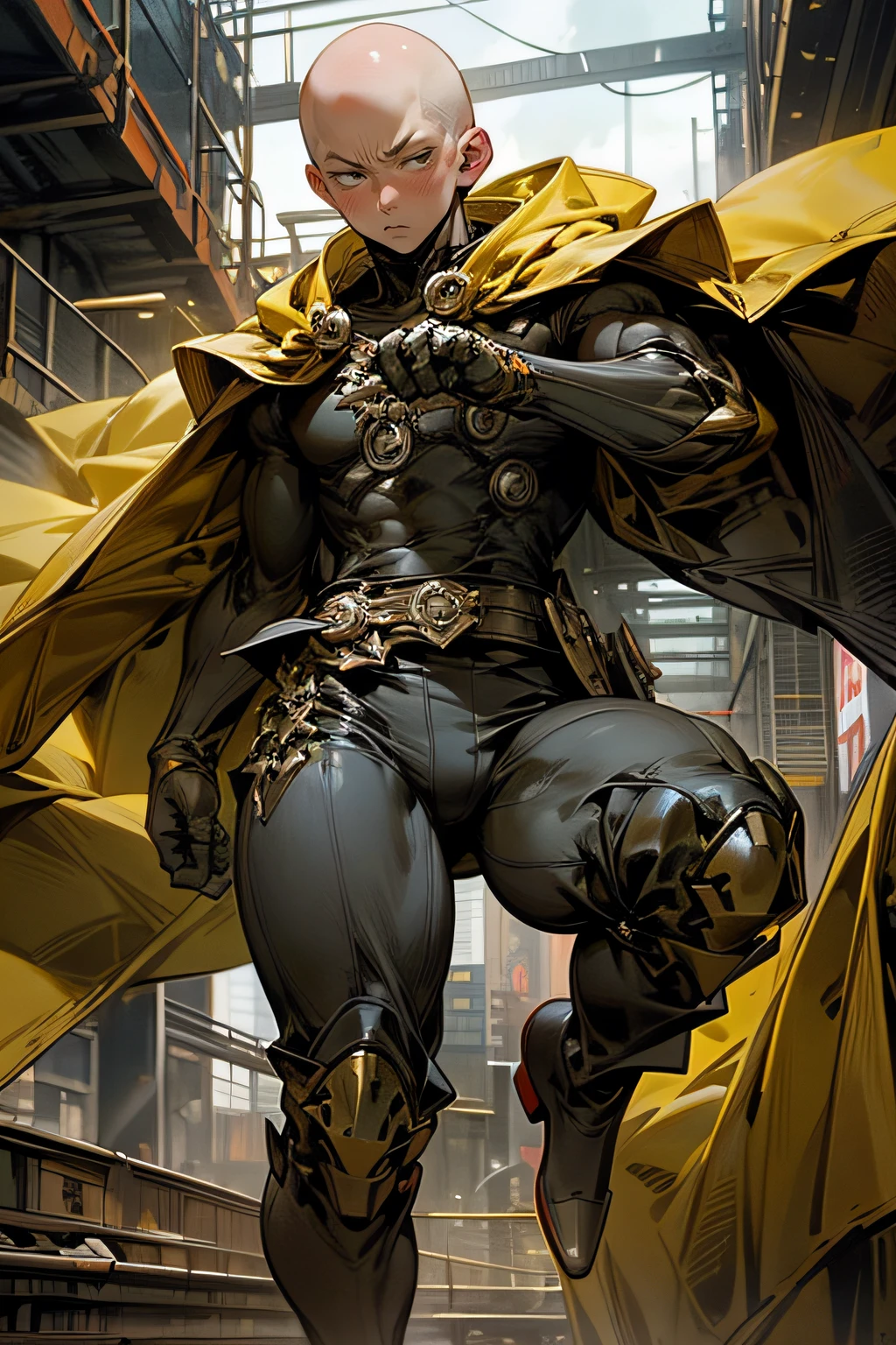 Absurd resolution, high resolution, (masterpiece: 1.4), hyperdetail, 1boy, young man, innocent face, one-punch man, Saitama, fight, detailed masculine body, clean shave, bald. yellow colour outfit, red cape and ,red boots and gloves, fist is on fire. The backgrounds abandoned city.