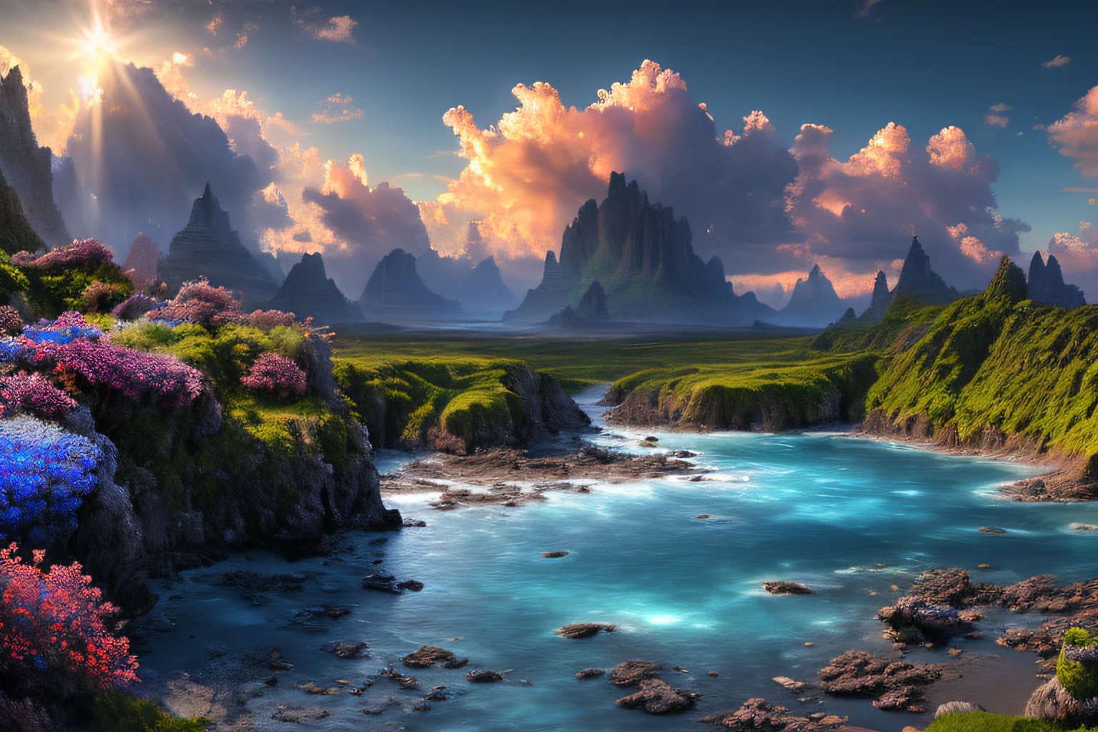 Landscape inside the earth, mer cristalline bleu cobalt,fleurs, Eau cristalline, coucher du soleil, ,(Highly detailed CG Unit 8k wallpaper), The most beautiful work of art in the world, Professional majestic oil painting, complexe, High detail, mise au point nette, dramatique, Art of photorealist painting,