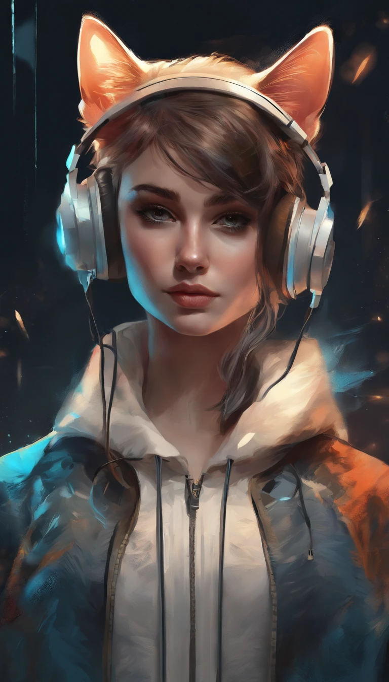 Perfect centering, A cute kitten all over, Wear a student jacket, Wearing sunglasses, Wearing headphones, Standing position, Abstract beauty, Centered, Looking at the camera, Facing the camera, nearing perfection, Dynamic, Moonlight, Highly detailed, Digital painting, art stations, concept-art, smooth, Sharp focus, 8K, high definition resolution, illustration, Art by Carne Griffiths and Wadim Kashin, White background