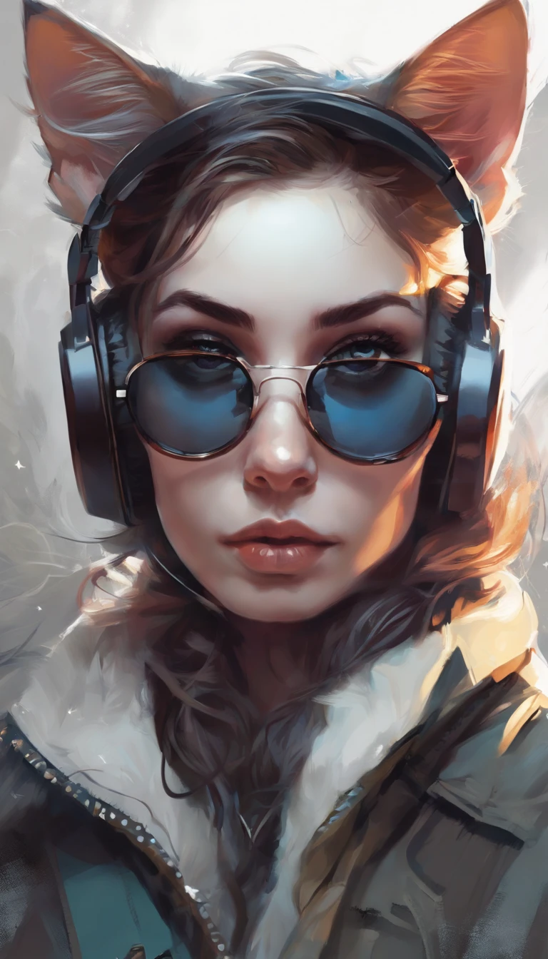 Perfect centering, A cute kitten all over, Wear a student jacket, Wearing sunglasses, Wearing headphones, Standing position, Abstract beauty, Centered, Looking at the camera, Facing the camera, nearing perfection, Dynamic, Moonlight, Highly detailed, Digital painting, art stations, concept-art, smooth, Sharp focus, 8K, high definition resolution, illustration, Art by Carne Griffiths and Wadim Kashin, White background