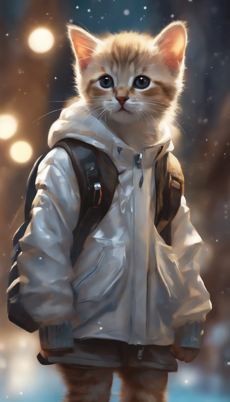 Perfect centering, A cute kitten all over, Wear a student jacket, Wearing sunglasses, Wearing headphones, Standing position, Abstract beauty, Centered, Looking at the camera, Facing the camera, nearing perfection, Dynamic, Moonlight, Highly detailed, Digital painting, art stations, concept-art, smooth, Sharp focus, 8K, high definition resolution, illustration, Art by Carne Griffiths and Wadim Kashin, White background