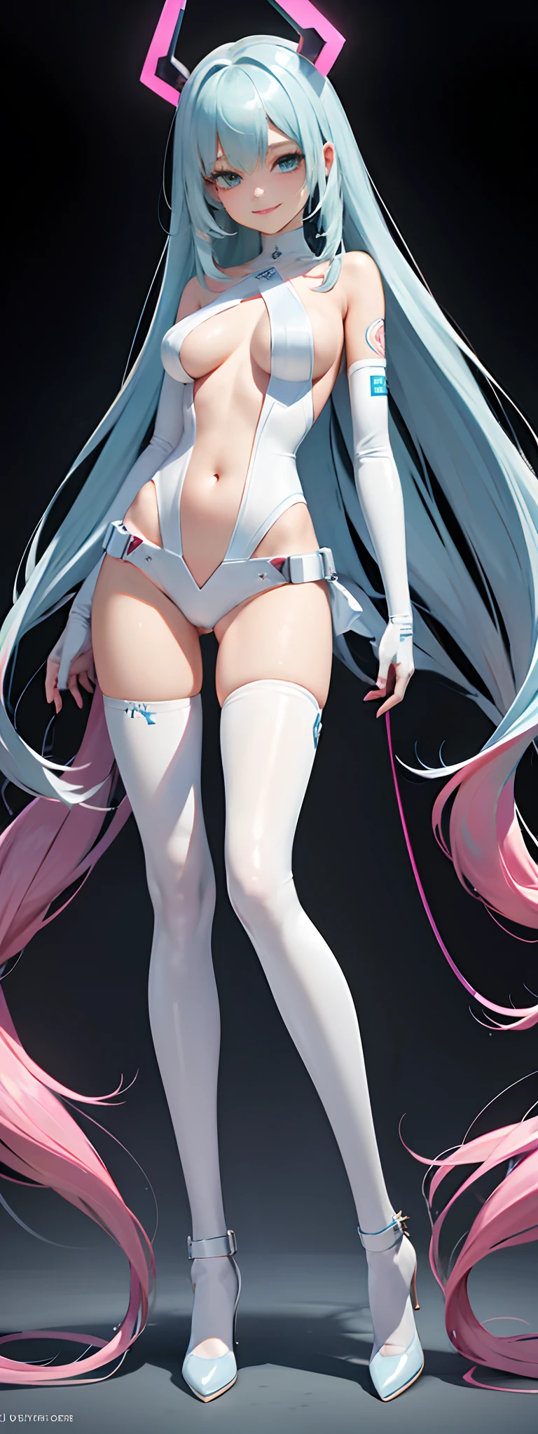 tmasterpiece，one-girl，pastelcolor, Cyan eyes, cyber punk perssonage, Pink Long Hair，deep v big breasts，chest，White latex tights，cleanness，Bare arms，show legs，Open navel，Slimming the waist, Happy smile, whole-length, legsupms, full bodyesbian：1.3