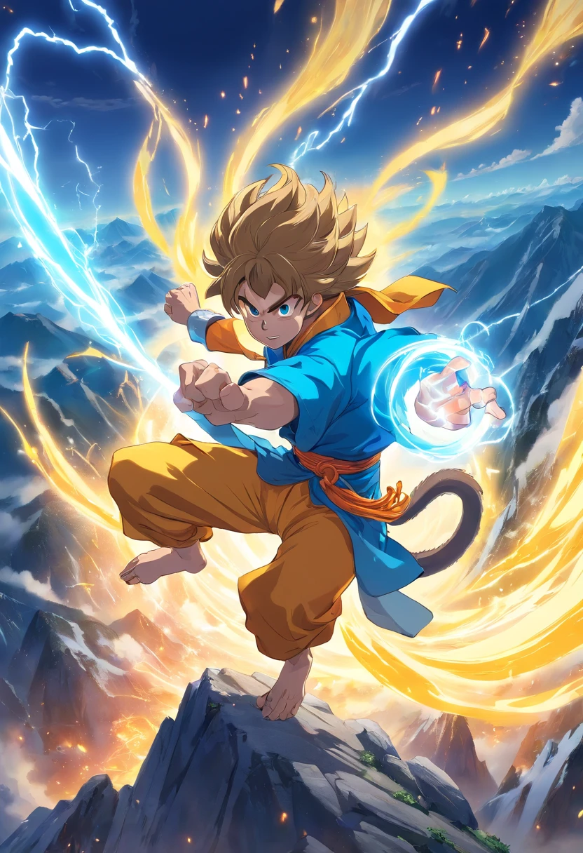 Detailed artwork of the Monkey King unleashing immense energy at the top of the mountain as a Super Saiyan. Blue and yellow energy.