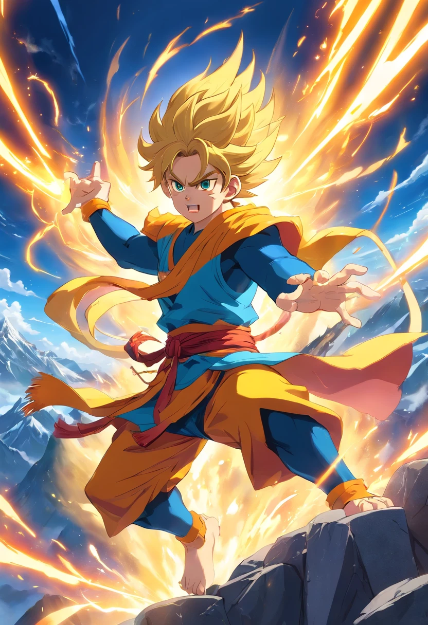 Detailed artwork of the Monkey King unleashing immense energy at the top of the mountain as a Super Saiyan. Blue and yellow energy.