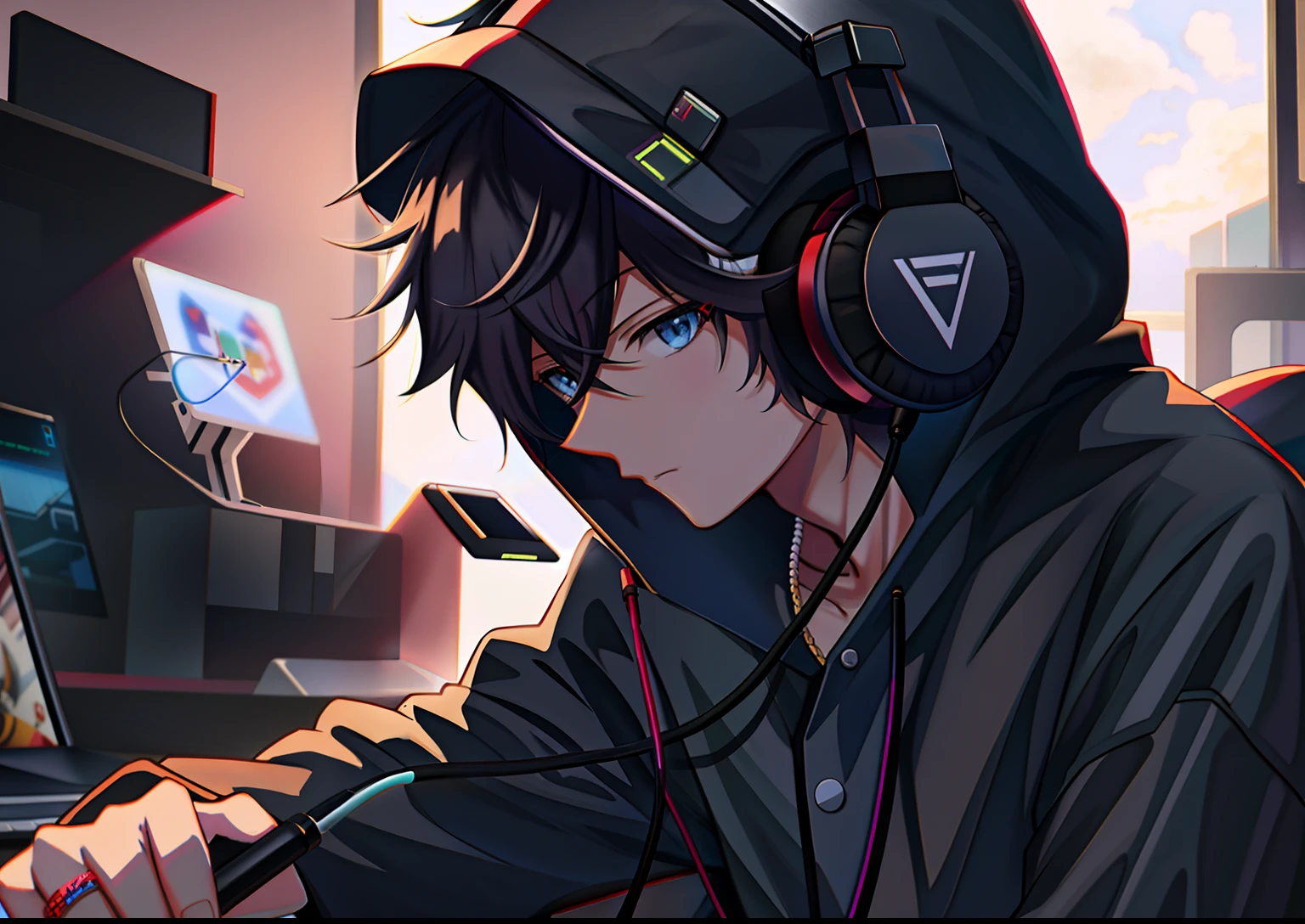 Anime boy playing video game on laptop with headphones, style of anime4 K, Anime art wallpaper 4k, Anime art wallpaper 4 K, Anime art wallpaper 8 K, Anime wallpaper 4K, Anime wallpaper 4 k, 4K anime wallpaper, High Quality Anime Art Style, Guviz-style artwork, Anime style. 8K