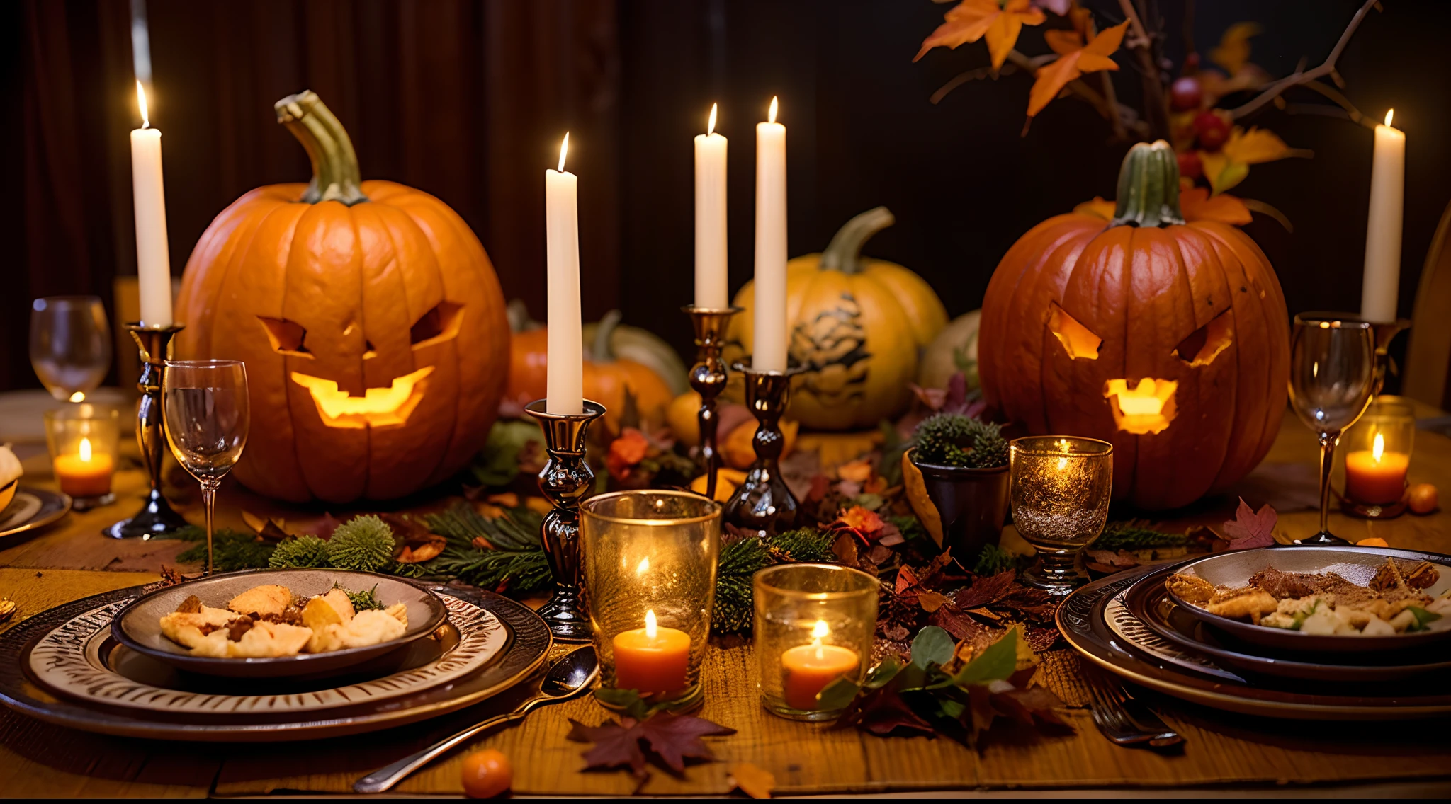 (High quality:1.2), Vibrant colors, cosy atmosphere, Warm lighting, Spooky elements, Delicious food, Elegant table setting, Carved pumpkin, Decorative candles, Autumn leaves, Festive decorations, celebration costume, joyous laughter, happily face, Creative highlights, magical feeling vibes, Immersive experience, Immersive storytelling, Anticipation and excitement, captivating moment, Unique and memorable.
