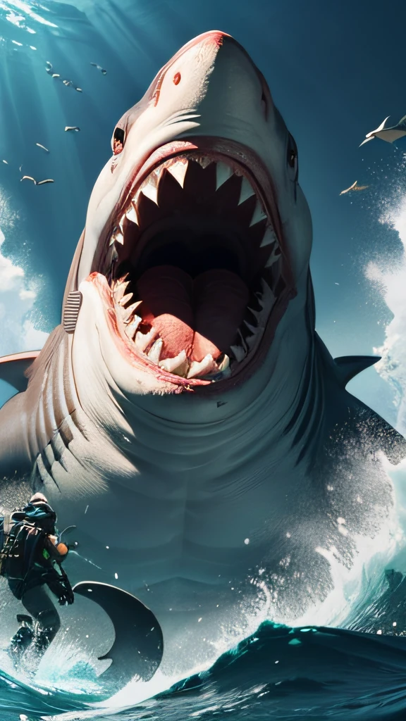 Male diver encounters a giant shark escaping immediately, bloody mouth, huge size, fine skin texture, sharp teeth, super fine detail, 4k