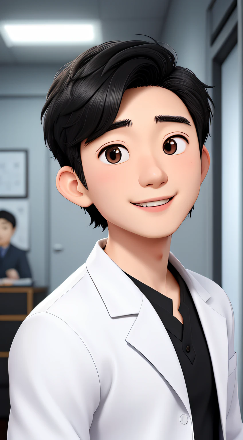 A 30-year-old Chinese male doctor with short black hair, face round, with a round face,attractive smile, and black eyes, Looking directly at