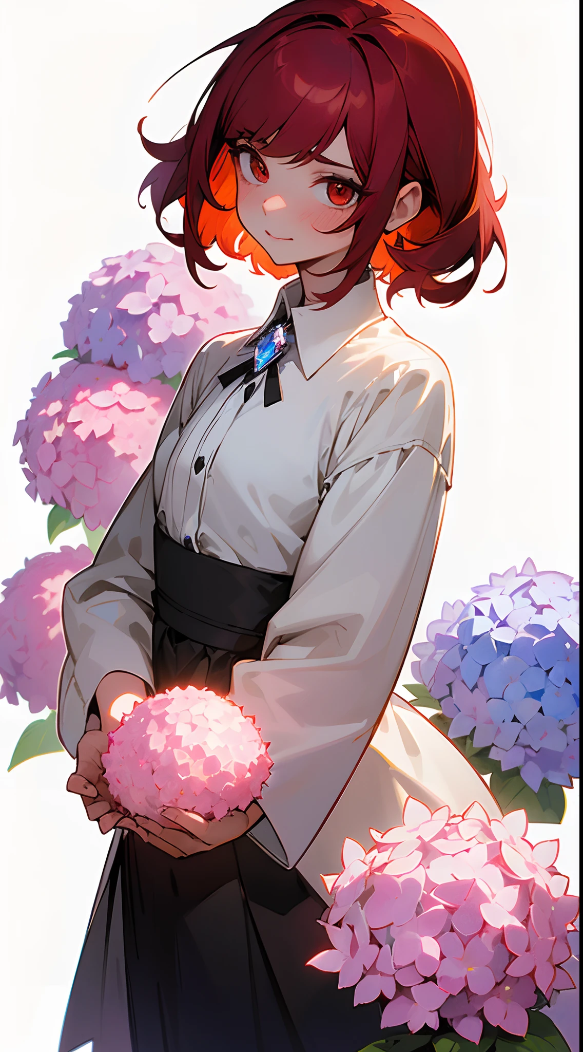 ((tmasterpiece)), (((beste-Qualit))), ((ultradetailed)), ((illustartion)), The light effect of realism, Smooth shadows, (fantasy style), (whitebackground:1.6), Simple background, illustartion, 1 girl, Cute look, beatiful face, A kind look, Embarrassed look, Vermilion hair, (Short Hair Hair), shaggy hair, Hair color: red, without bangs, voluminous hair, (hairstyle: Short Four of a Kind), hair up to the neck, The eyes are red, red eyes, Red shades, ruby, Environment change scene, (The hair is surrounded by the bursts of the galaxy), wide eyes, Lashes, little smile, Joy and Embarrassment, Crystal hair, Glowing Hair, shirt with collar, shirt in sleeves with lanterns, Additional lighting, ((white shirt)), blushful, Simple background, whitebackground, Flowers on a white background, (hydrangea flowers), Hydrangea white