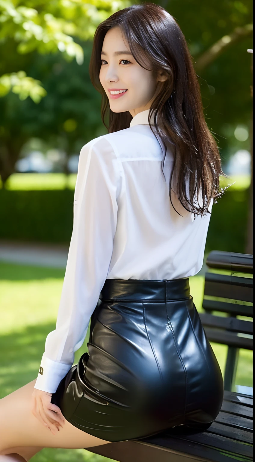 ((top-quality、8K、masterpiece:1.3))、foco nítido:1.2、Beautiful woman with perfect body shape:1.4、Slim abs:1.2、(Layered Hair Style:1.2))、(Wet white button long shirt:1.3)、Sateen:1.3、Street:1.2、wetbody:1.1、Highly detailed facial and skin texture、A detailed eye、二重まぶた、Very big big hidden under a button shirt with a collar、A smile、((full body seen))、OL、Office Casual Suit Setup、a park、tree planting、OL、accessorized、Shoulder bag、Glossy leather pencil skirt、sideshot((Sit on a bench、posterior view、From the knee up、ass forcus))