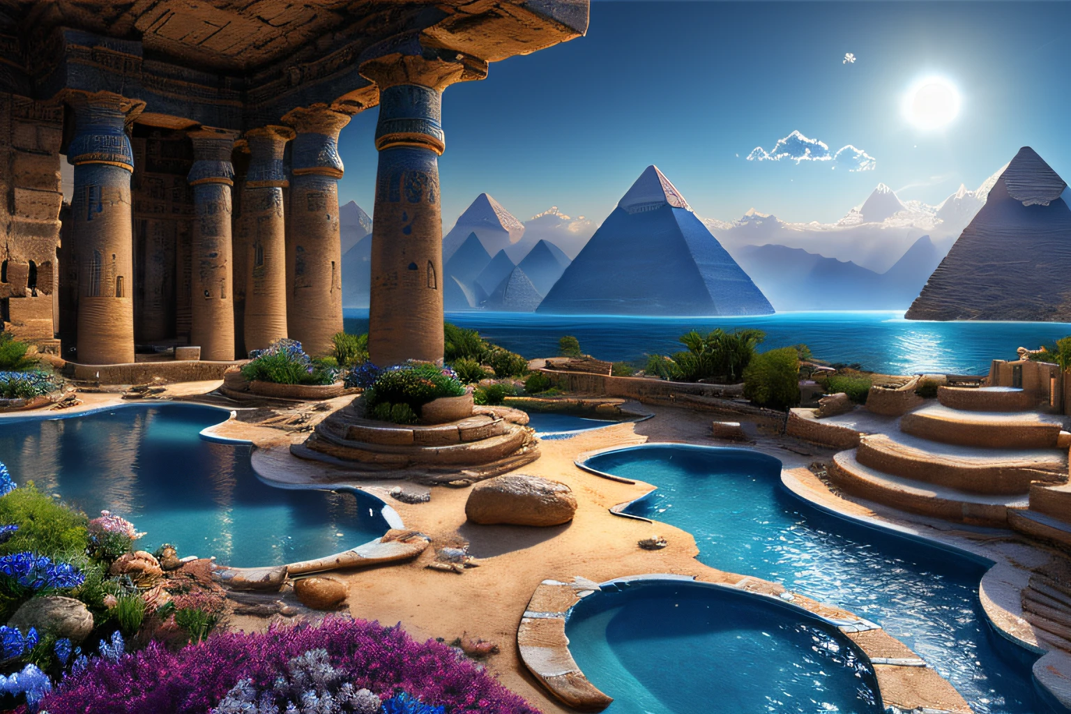 Landscape inside the earth,egypte, mer cristalline bleu cobalt,fleurs, Eau cristalline, coucher du soleil, ,(Highly detailed CG Unit 8k wallpaper), The most beautiful work of art in the world, Professional majestic oil painting, complexe, High detail, mise au point nette, dramatique, Art of photorealist painting,